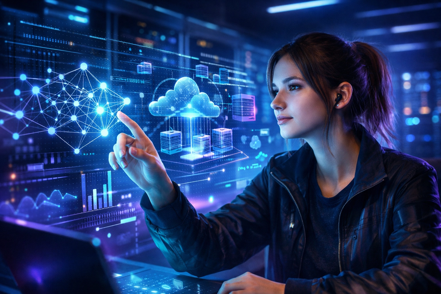 Gen Z professional using a high-performance cloud infrastructure interface for AI and data literacy training.