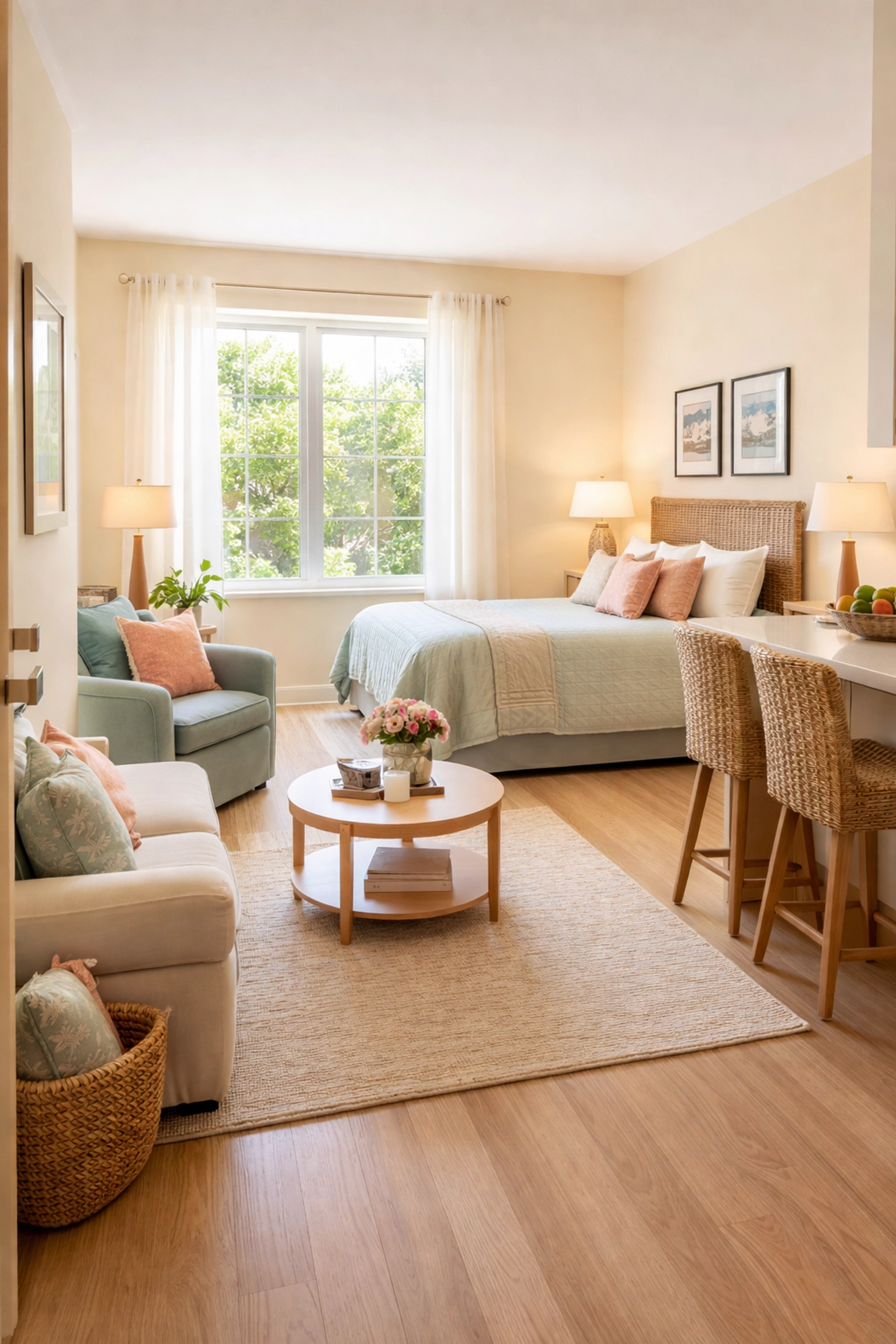 Cozy Sarasota assisted living apartment with modern furniture and bright natural lighting