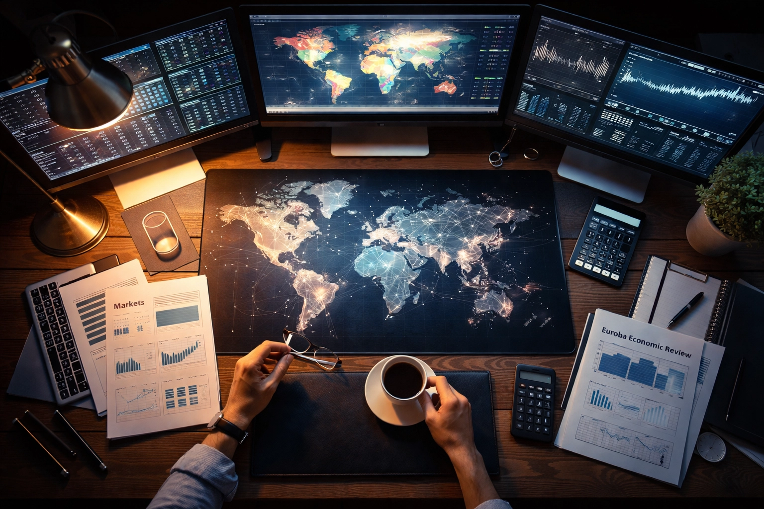 Investor workspace with global market data screens for strategic portfolio diversification analysis