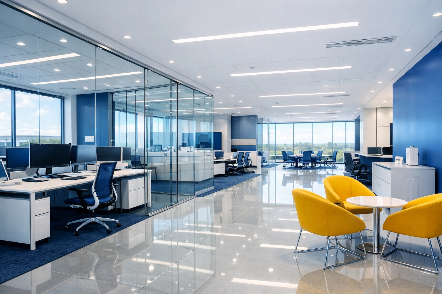 Sleek Woburn corporate office interior featuring spotless desks from a professional cleaning service strike.