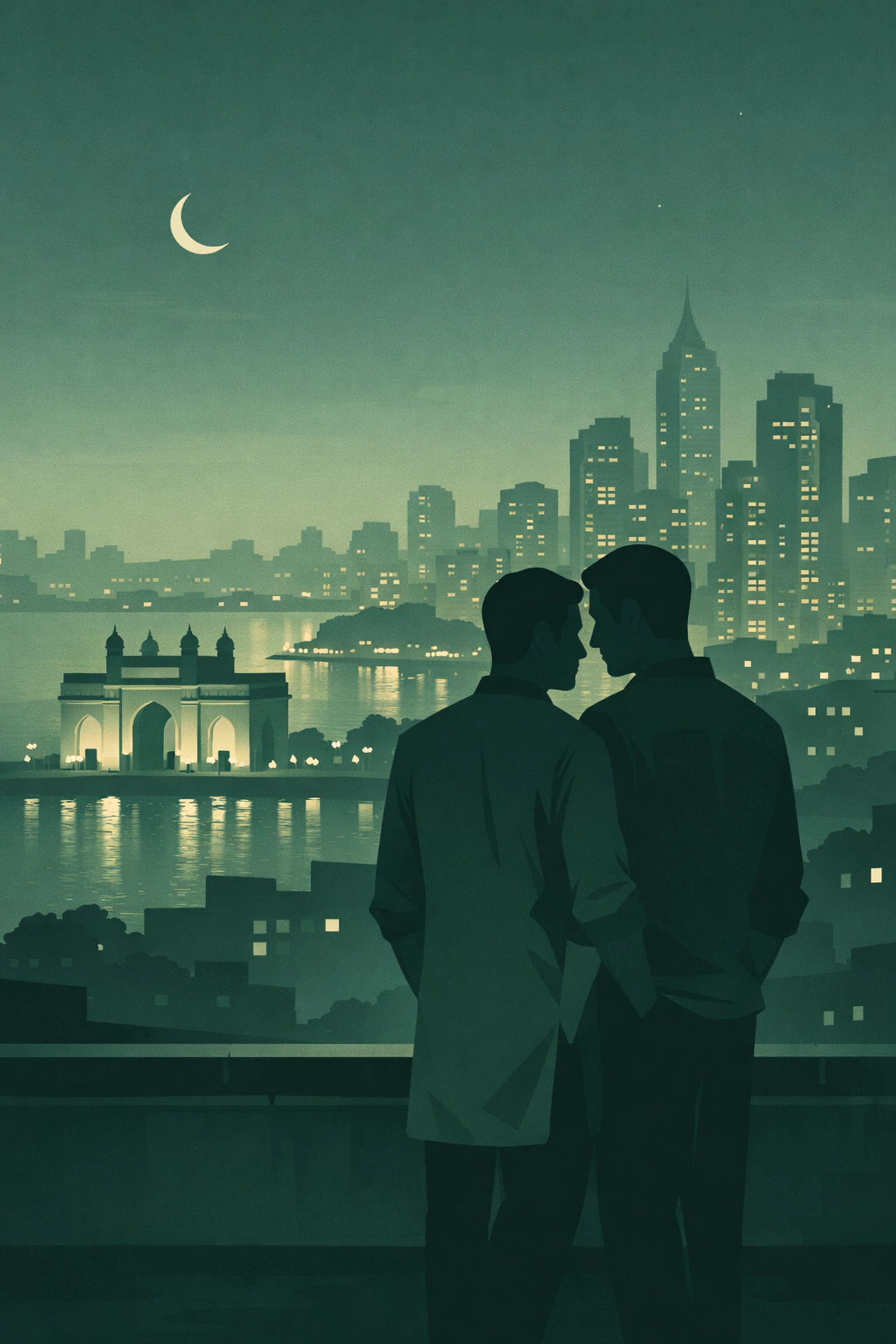 Two men on Mumbai rooftop at night with city skyline depicting MM romance and intimate connection