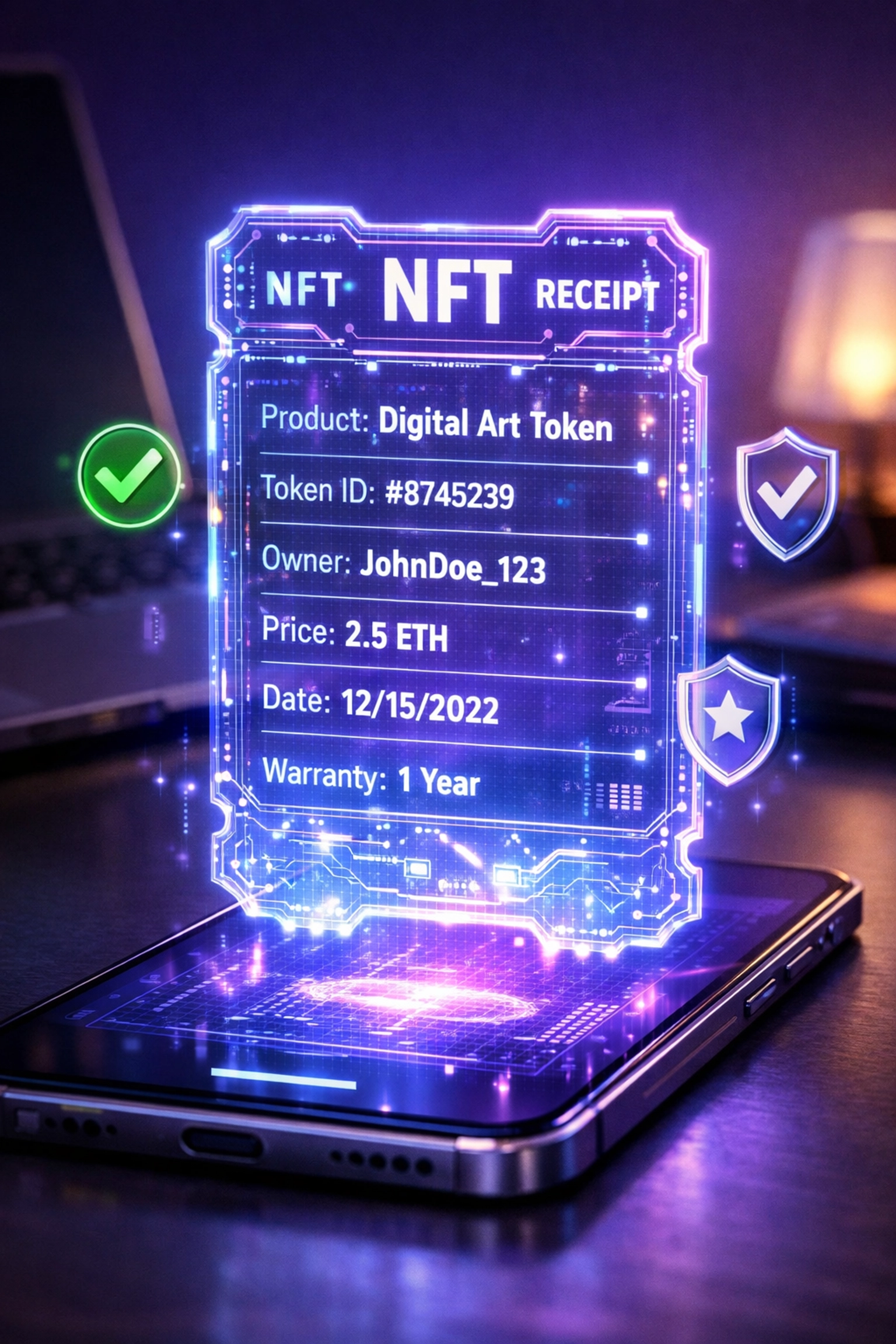 Digital NFT receipt on blockchain showing transaction verification and authenticity