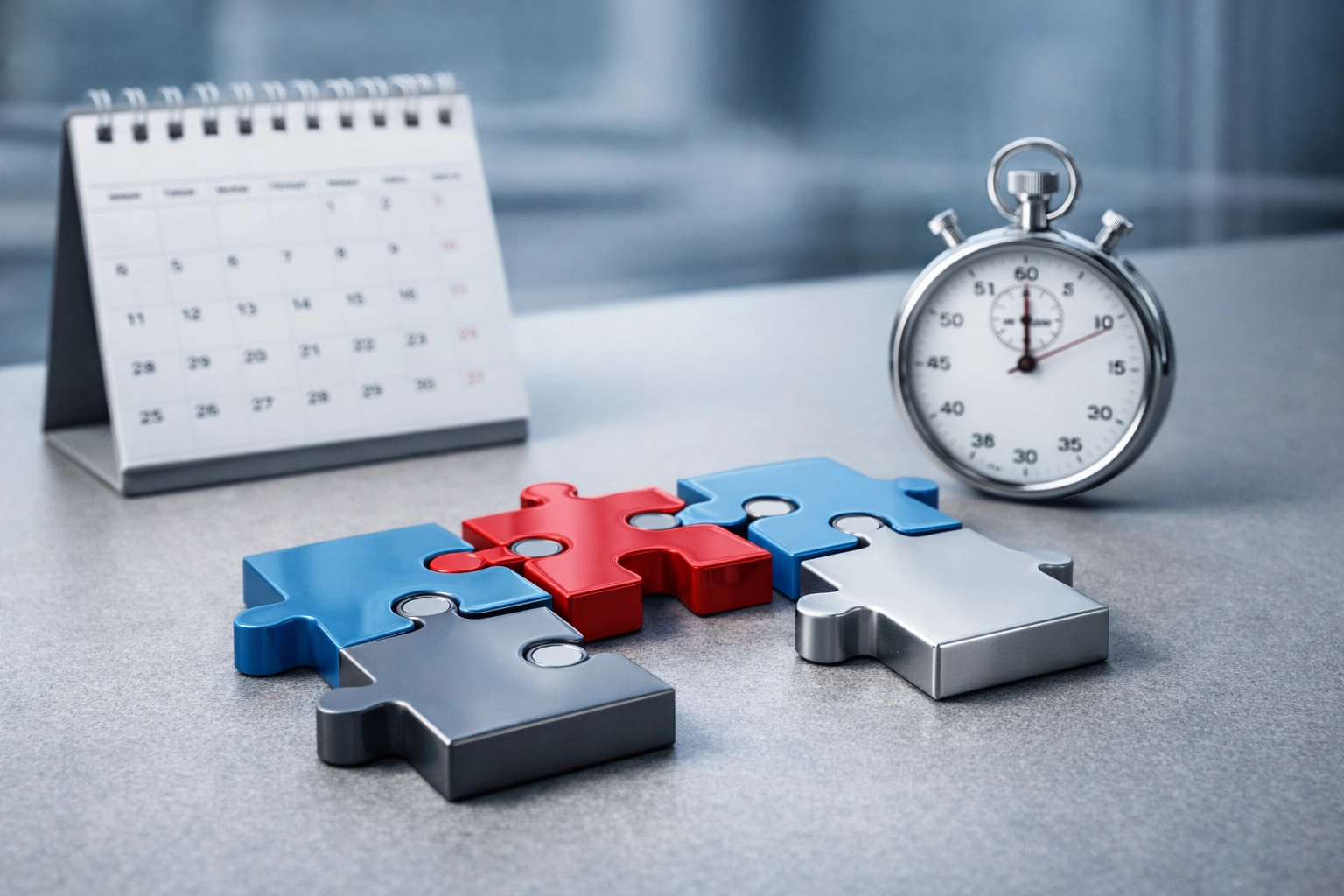 Modular puzzle pieces connecting beside a calendar and stopwatch—symbolizing the temp-to-hire “trial run” connection.