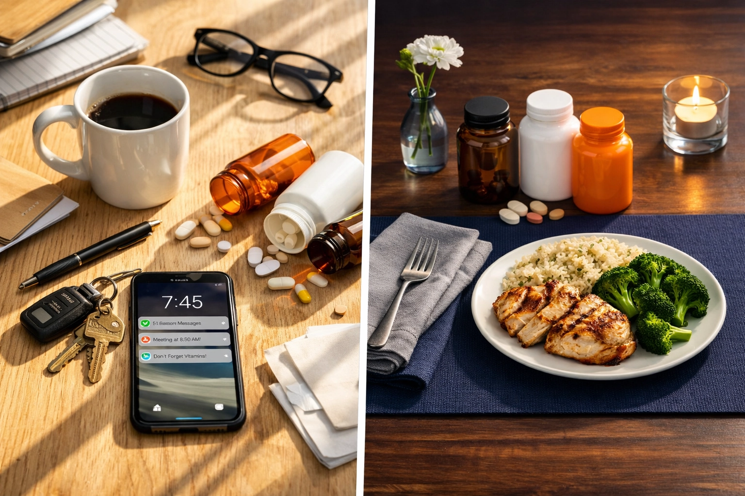 Chaotic morning supplement routine versus organized evening supplement timing with dinner