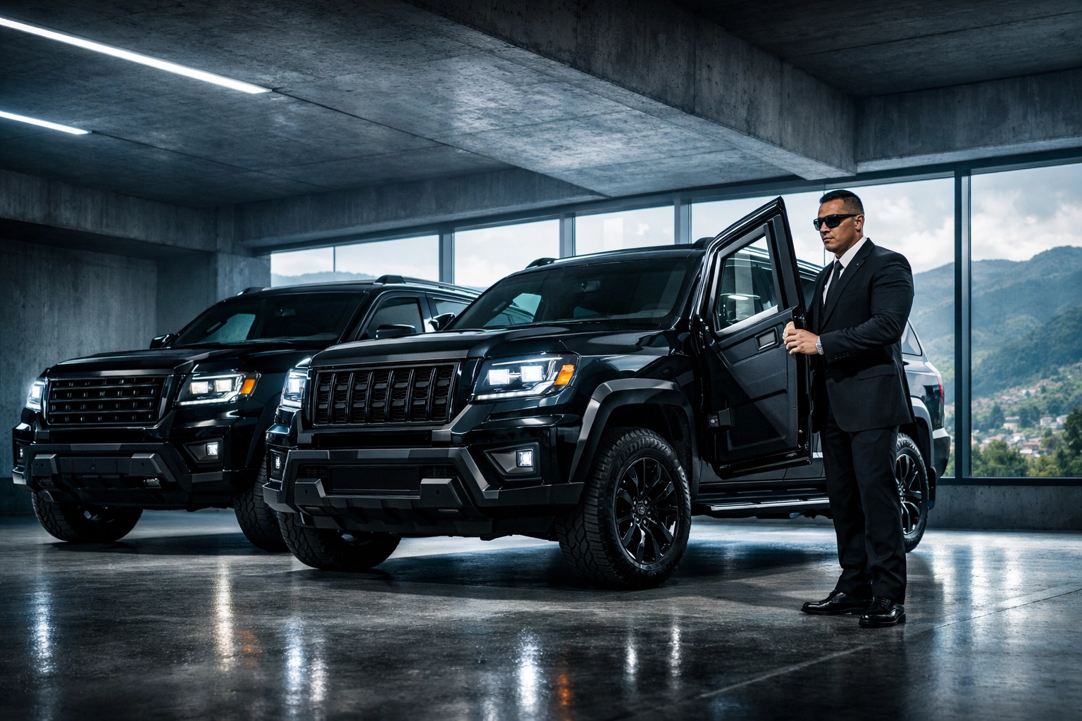 Side-by-side armored SUVs in Medellin showing thick B6 ballistic glass for high-level executive protection.