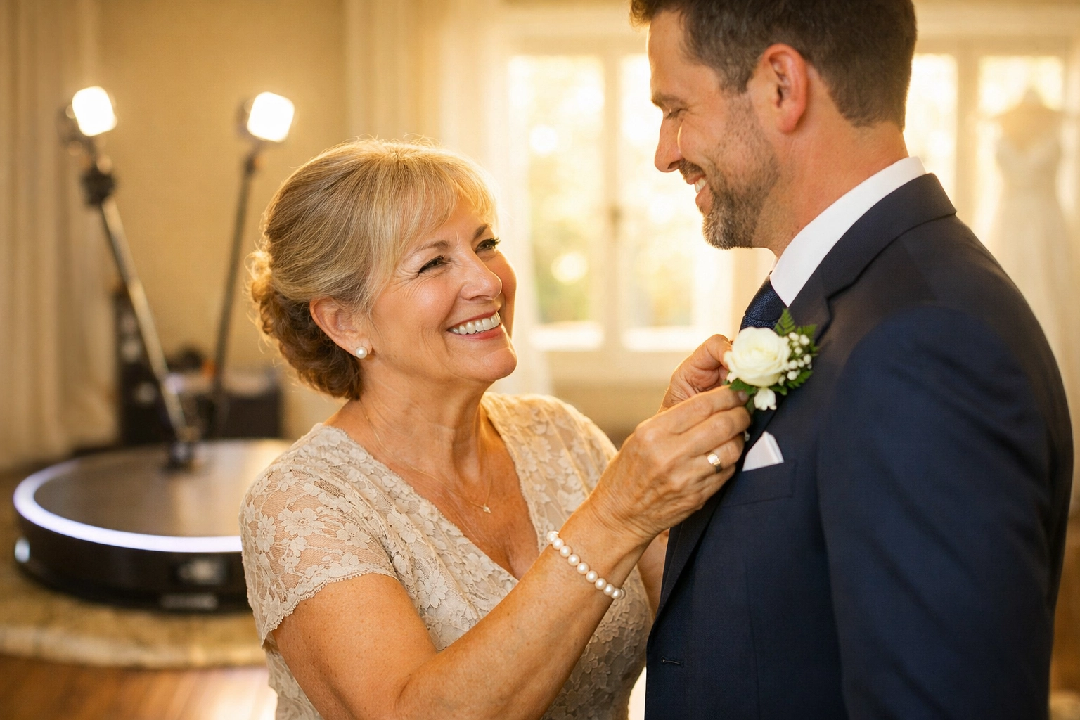 Professional wedding service support and a 360 photo booth rental for a stress-free event.