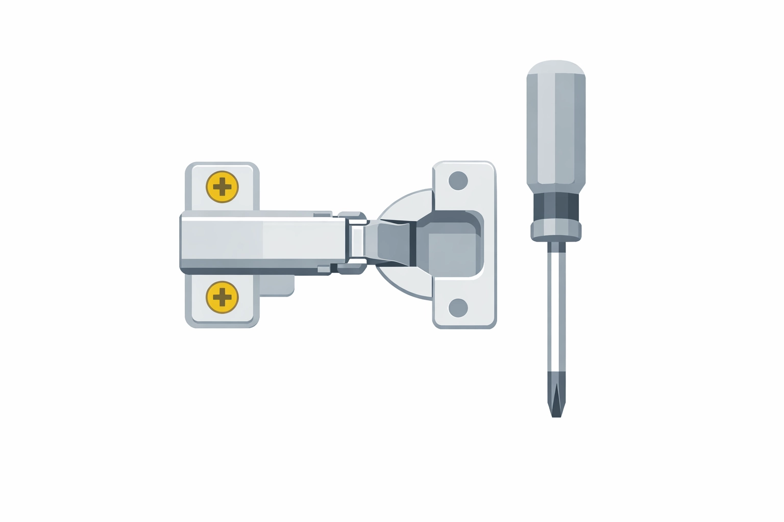 Kitchen cabinet hinge and screwdriver representing professional cabinet hardware repair and maintenance.