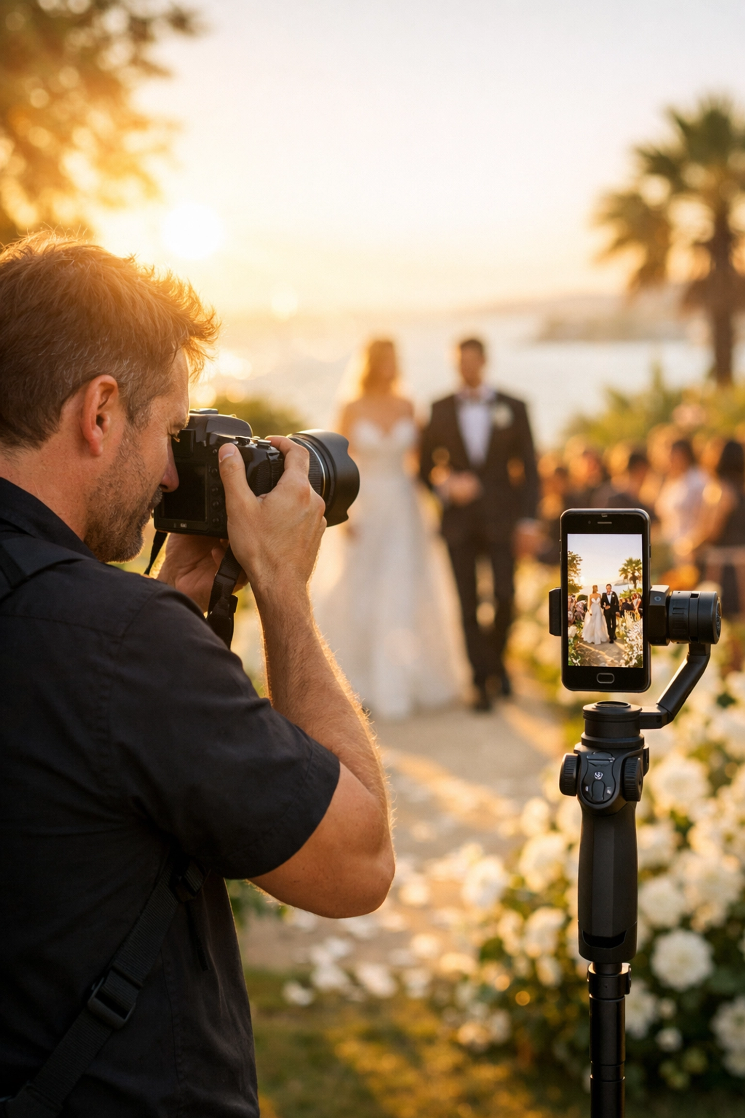 Professional wedding photographer capturing hybrid content with a camera and smartphone gimbal.