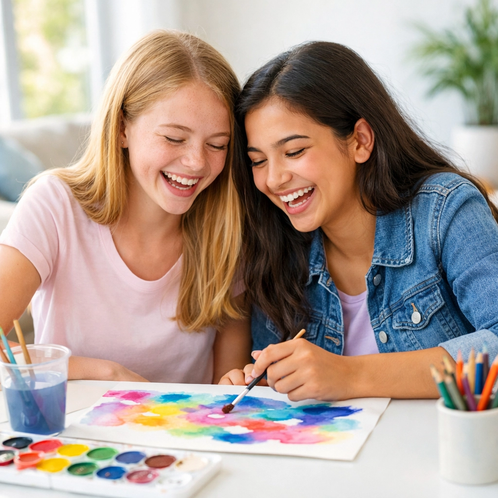 Two teenage girls enjoying art therapy and peer connection in a trauma informed residential care program.
