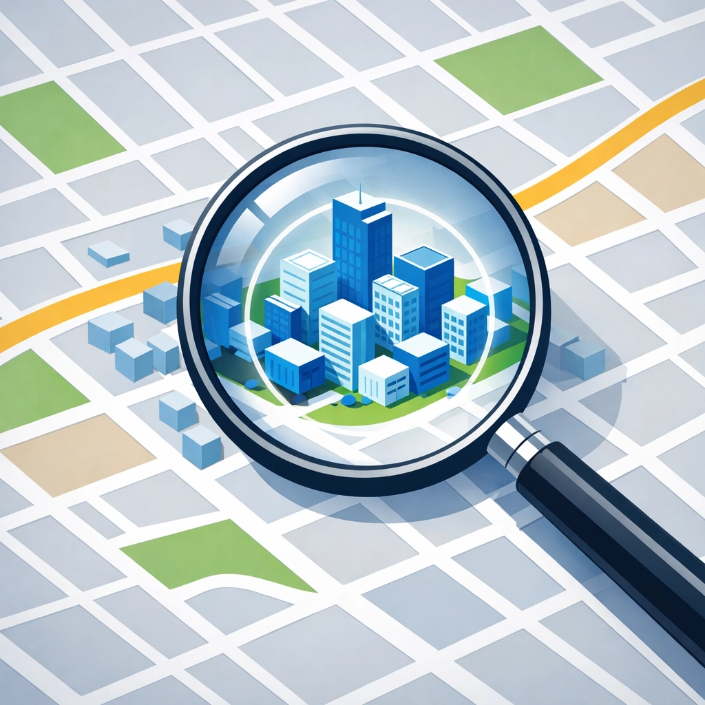 Magnifying glass over a map highlighting hyper-local keywords for neighborhood search