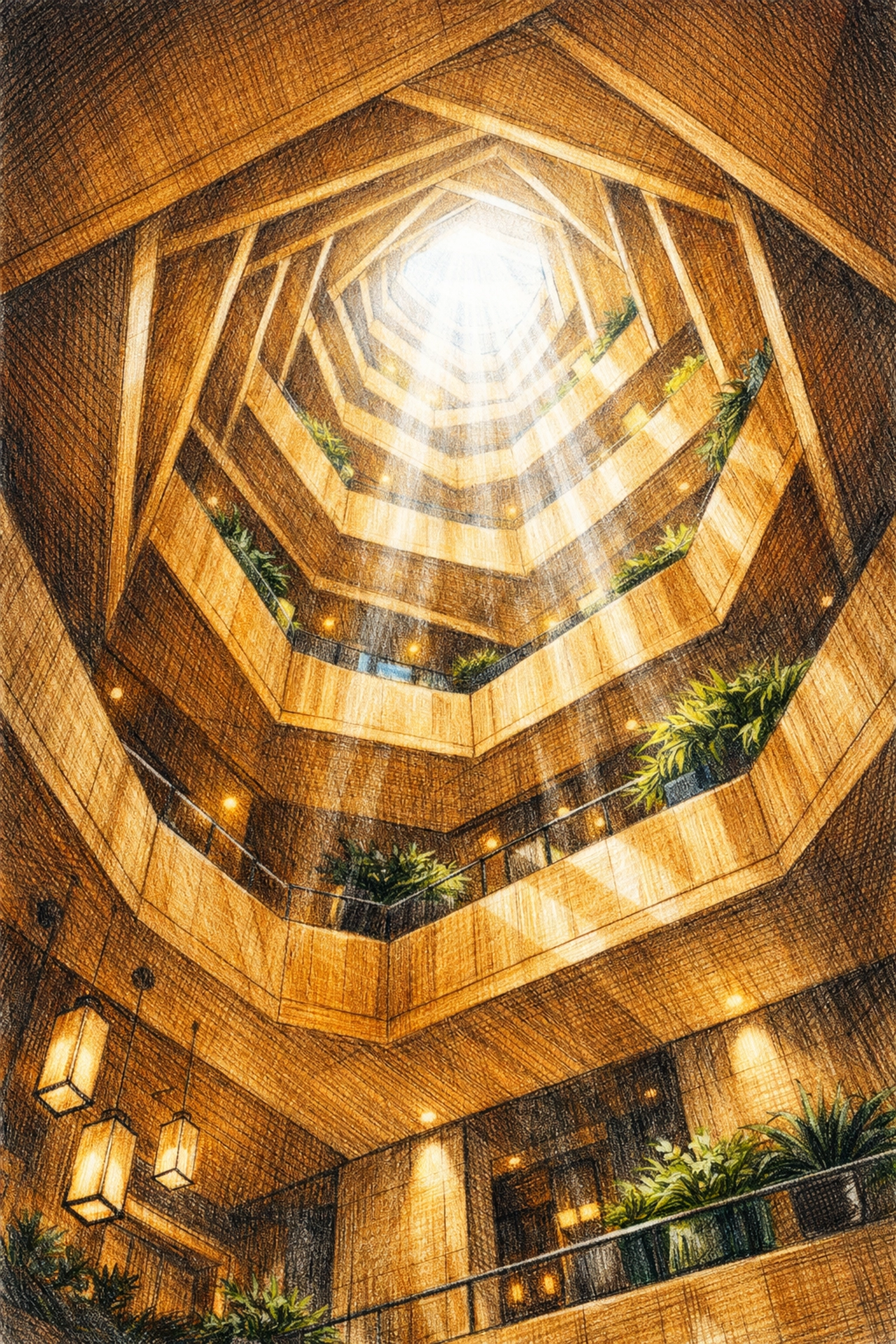 Minimalist hotel atrium with oak wood accents, showcasing André Fu's luxury hospitality design style.