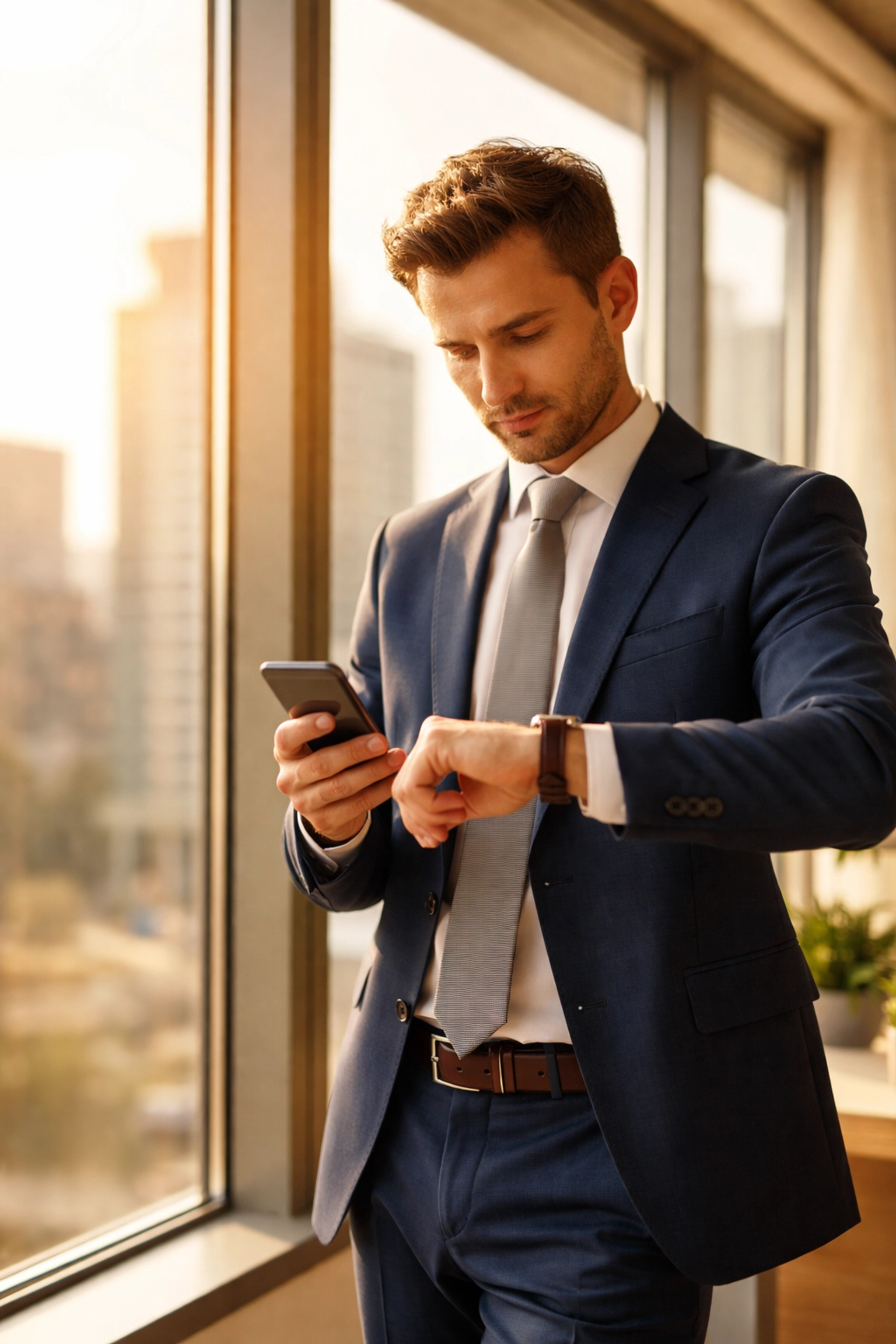 Executive focused on time management in a sunlit office, illustrating efficient leadership coaching