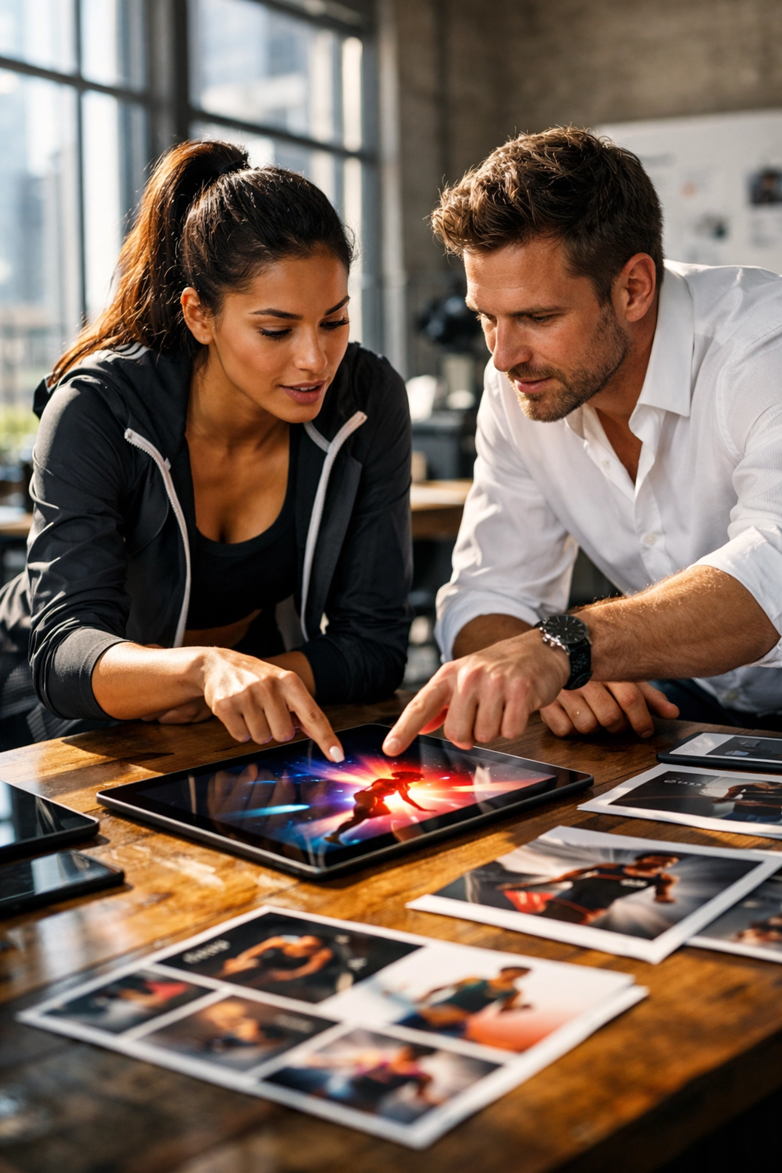 Athlete and brand strategist collaborating on NIL marketing campaign strategy in a modern creative studio.