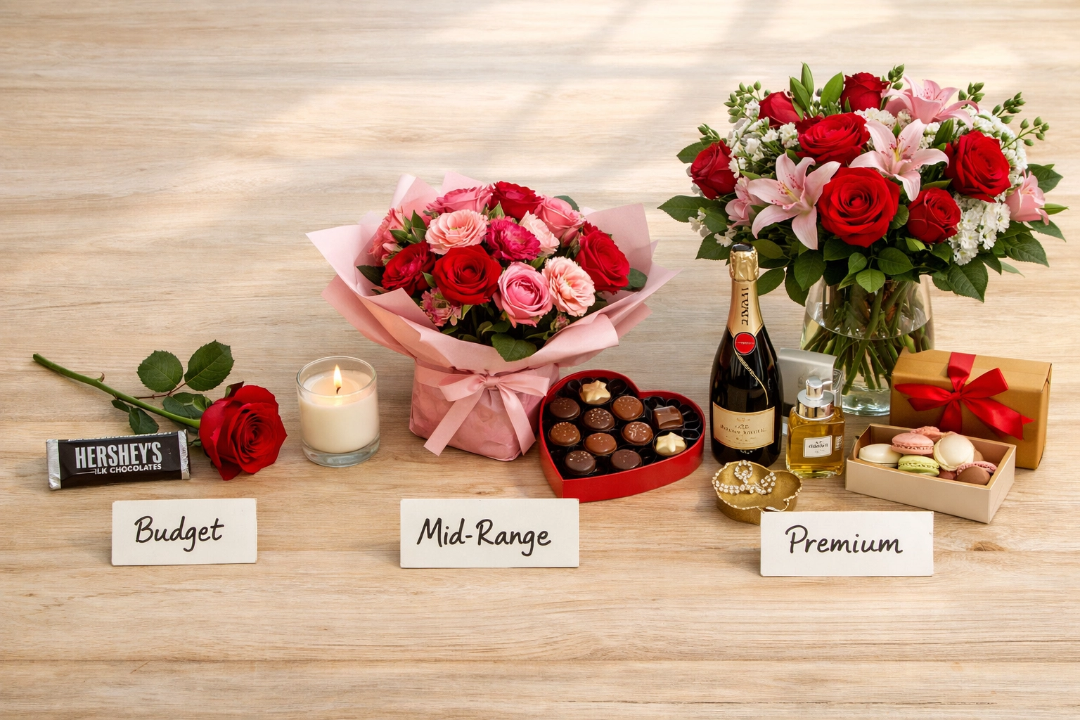 Valentine's gift options arranged by price point from budget-friendly to luxury at King Street