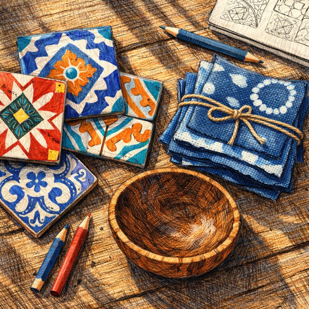 Artisan craft swatches and ceramic tiles for authentic and local boutique hotel interior design.