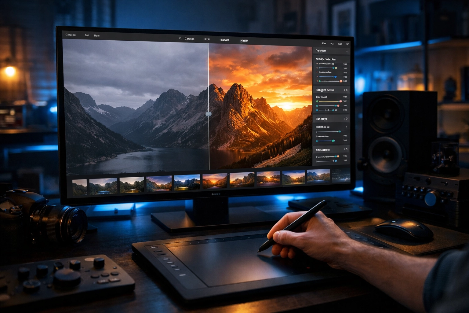 Professional editor using Luminar AI to re-light a photo, one of the 2026 pro gear secrets.