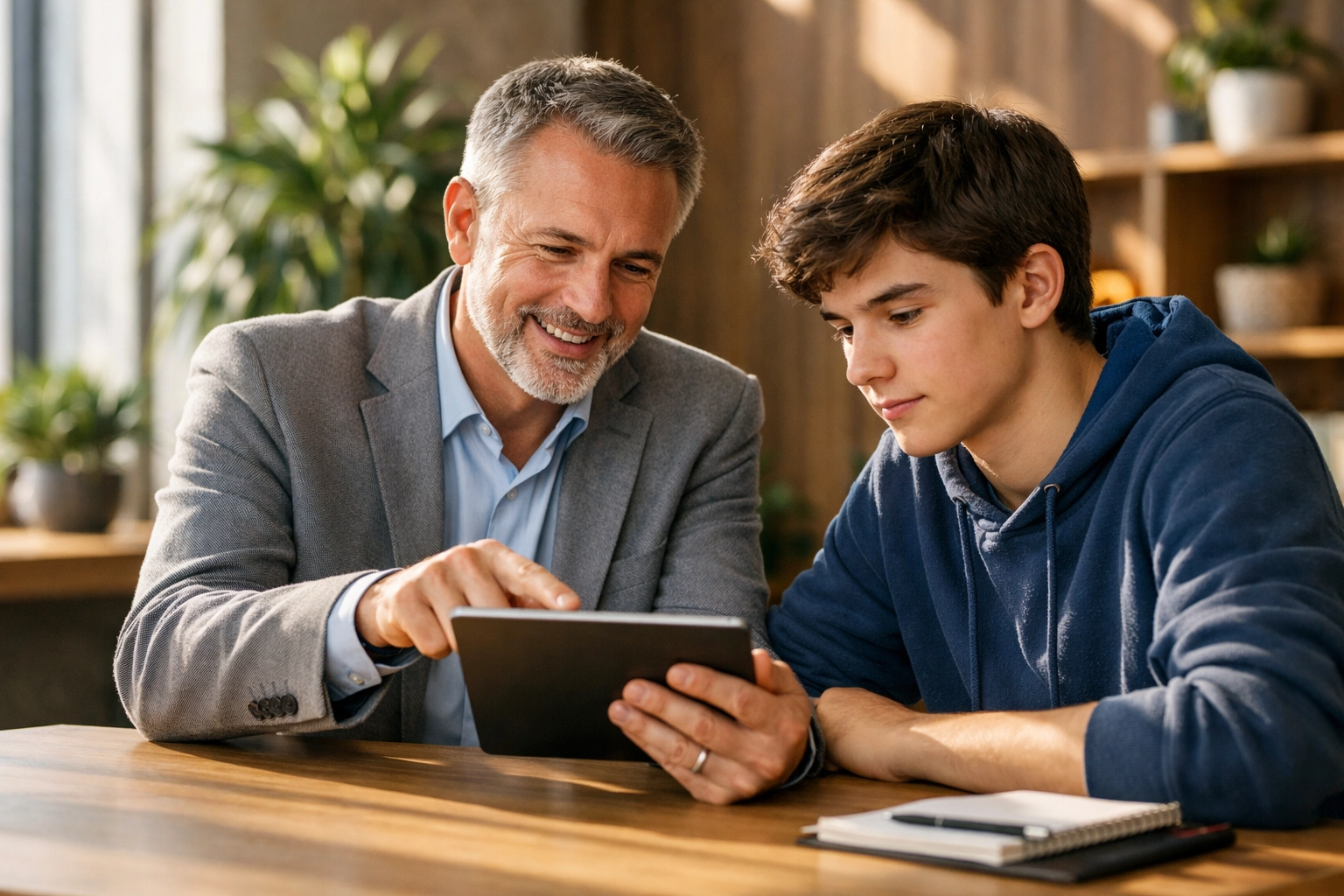 A professional mentor and high school student discussing skills in a talent relationship program.