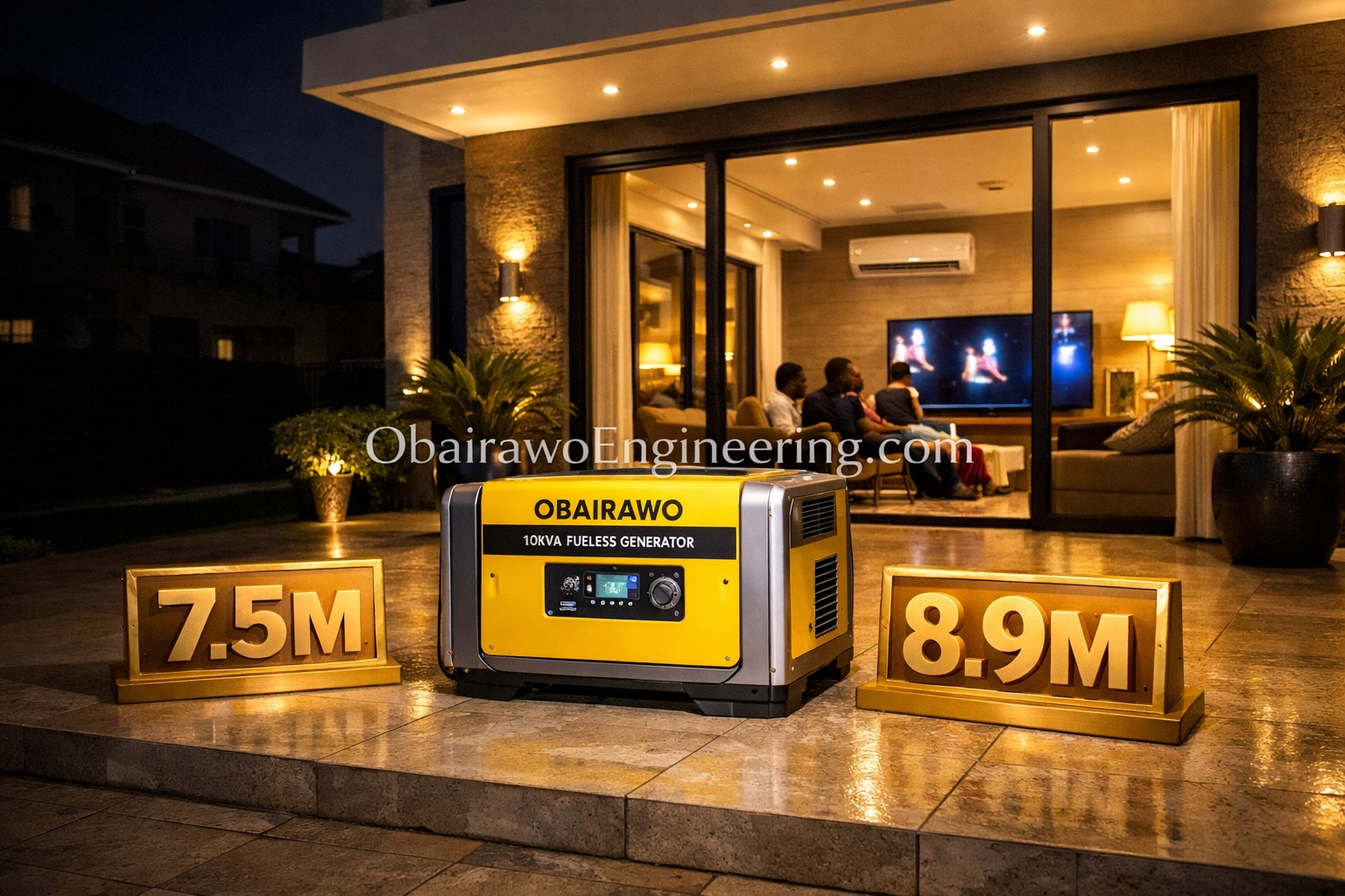 Obairawo 10kVA fuelless generator powering a modern home with 7.5M and 8.9M Naira price options.