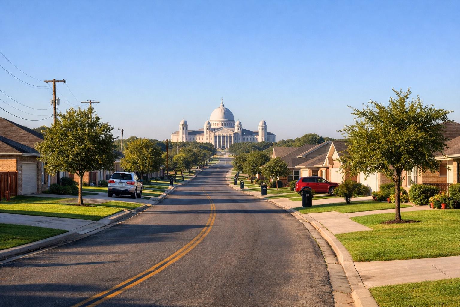 A sunny residential street in Converse Texas with modern homes near Randolph AFB in the distance.