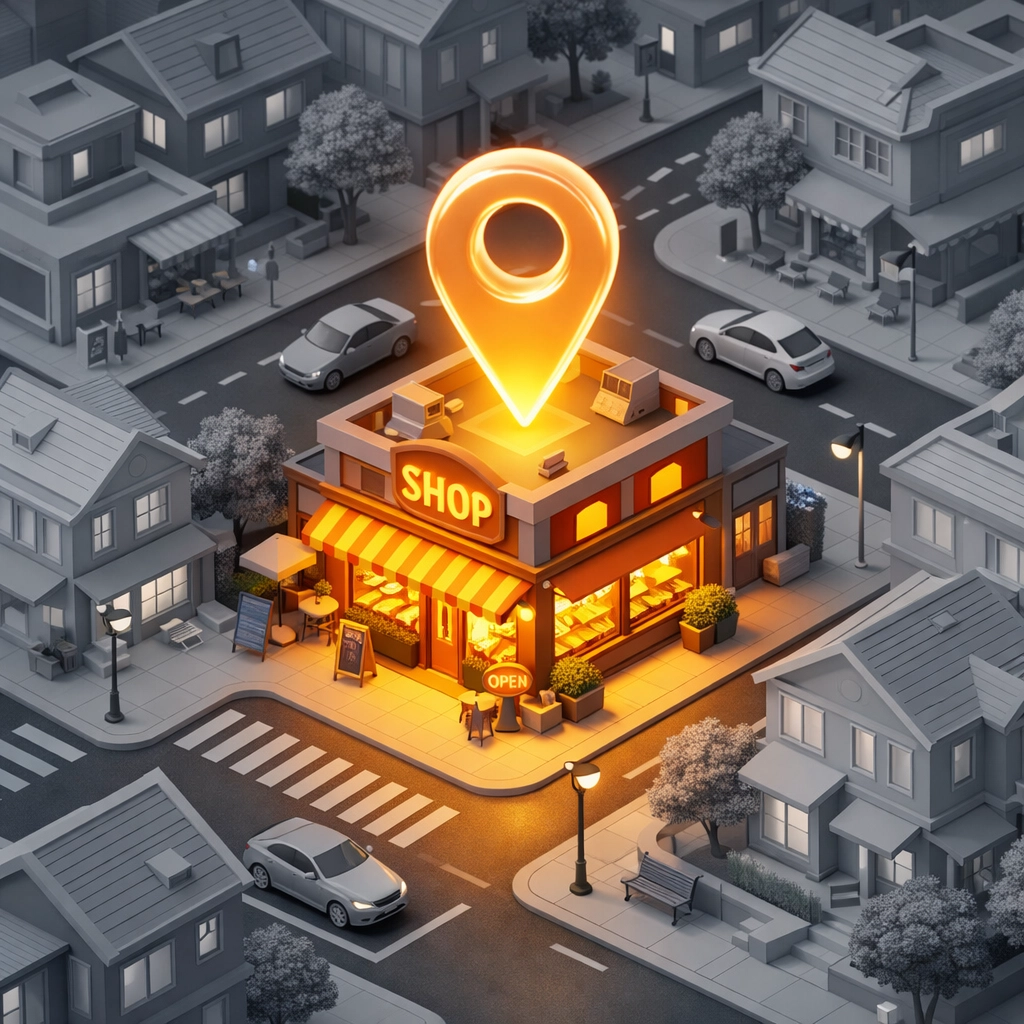 Local seo services helping a small business storefront stand out with a location pin in a neighborhood.