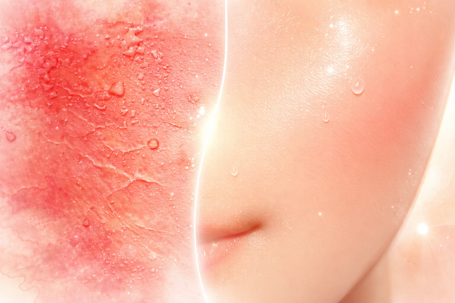 Before-and-after image showing irritated skin transforming into hydrated, healthy skin after barrier repair