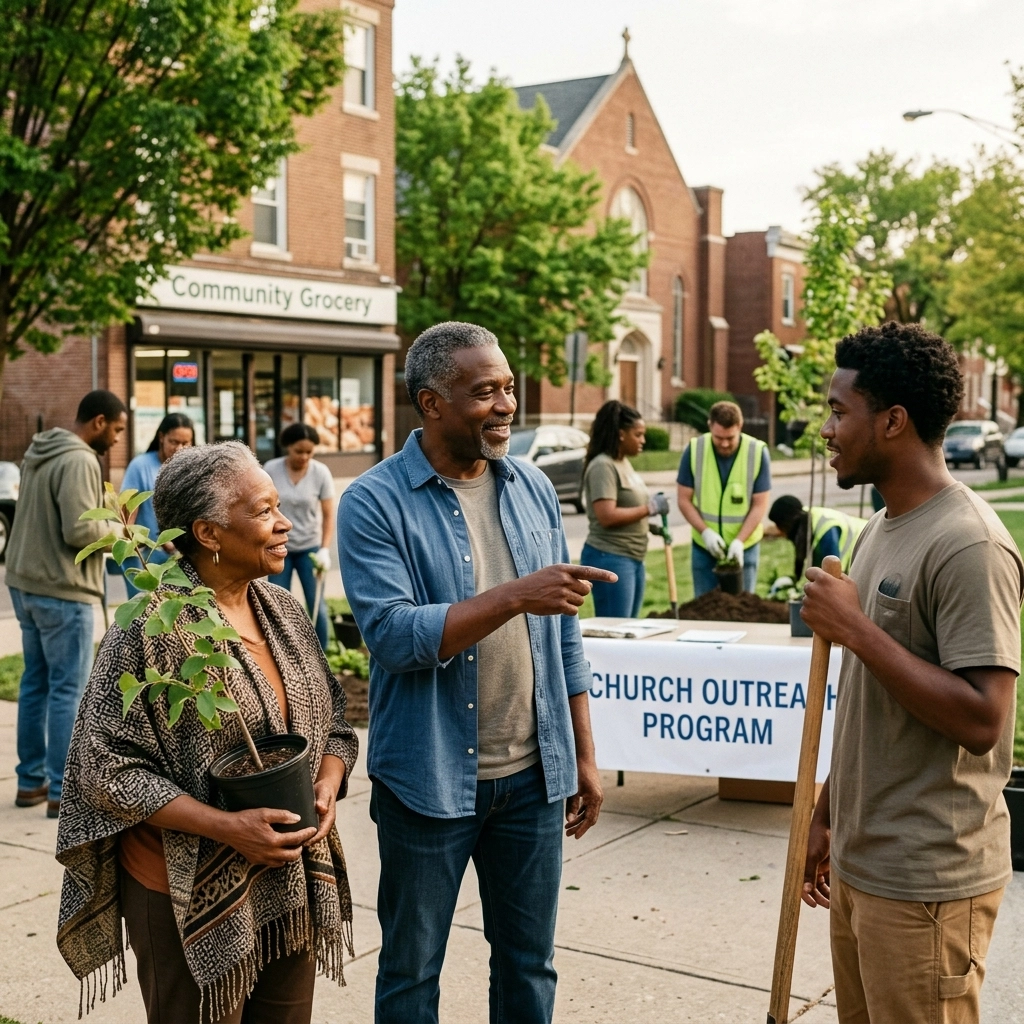 A group of faith leaders collaborating on an outreach plan, reflecting the Square Mile Community Model.