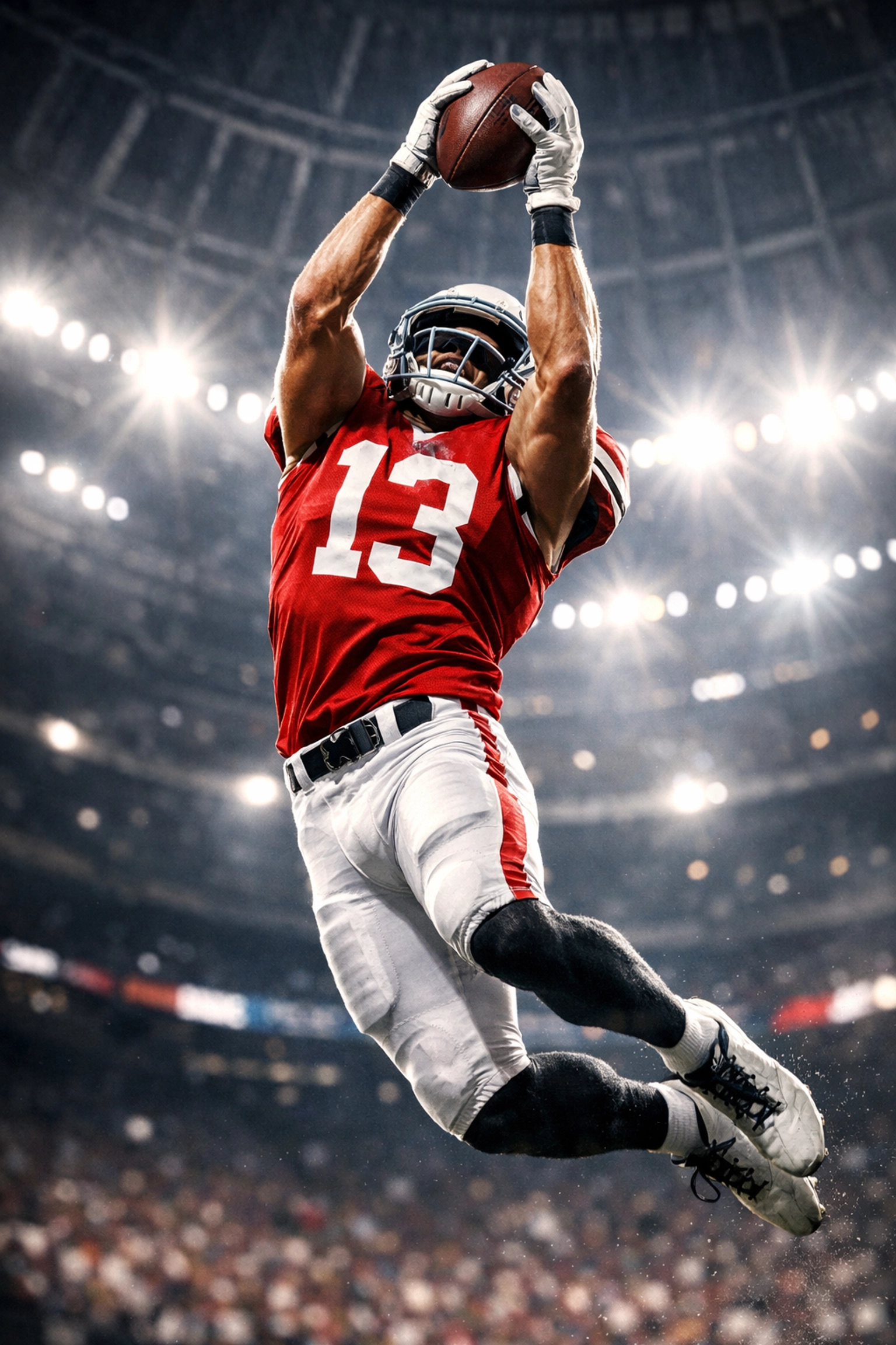 Wide receiver leaping to high-point a football during elite winter skill development training.