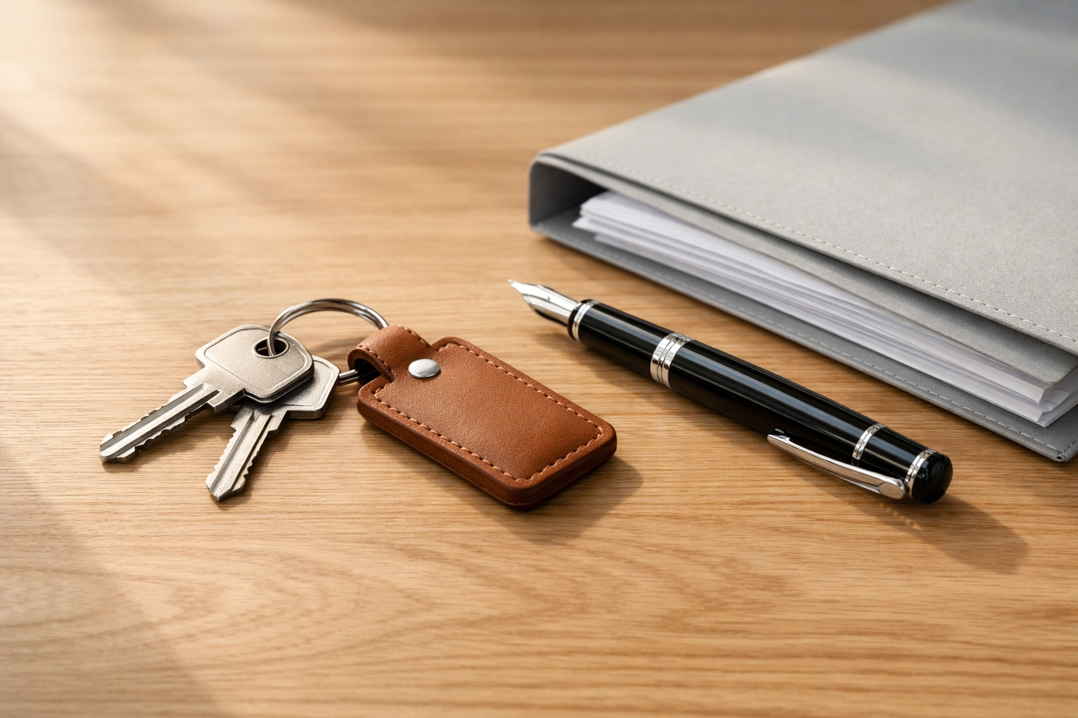 Modern house keys and legal documents for a shared ownership resale process on a bright wooden desk.
