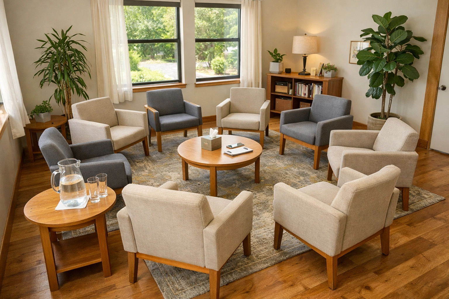 Real behavioral health facility group therapy room with natural lighting and comfortable seating