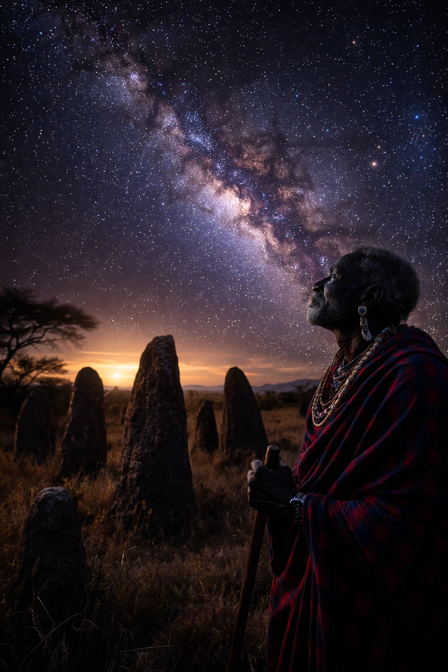 Black History Matters: 5 Pre-Slavery Facts That Prove Our Greatness Started Long Before America African elder observing the Milky Way over the savanna with ancient standing stones, honoring astronomy traditions