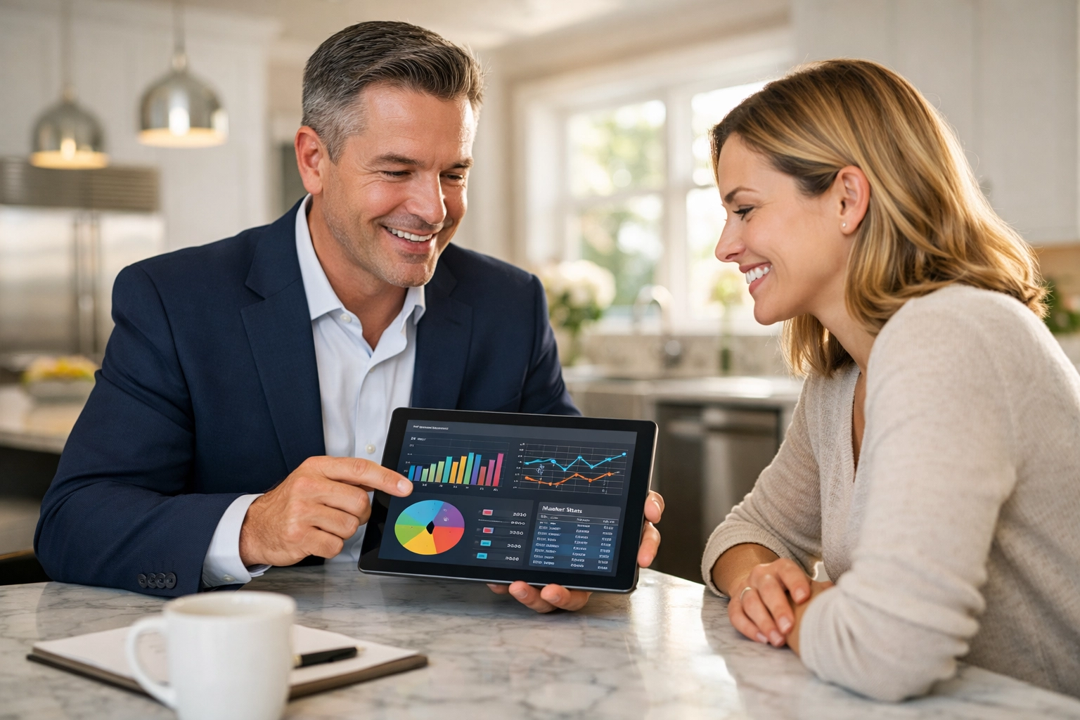 Philadelphia real estate agent reviewing market data with a homeowner to determine the best listing price. Philadelphia real estate agent reviewing market data with a homeowner to determine the best listing price.