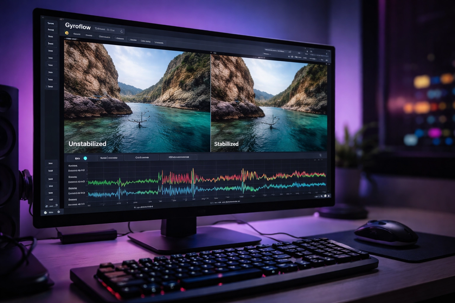 Gyroflow software interface on a monitor showing before and after FPV drone video stabilization results
