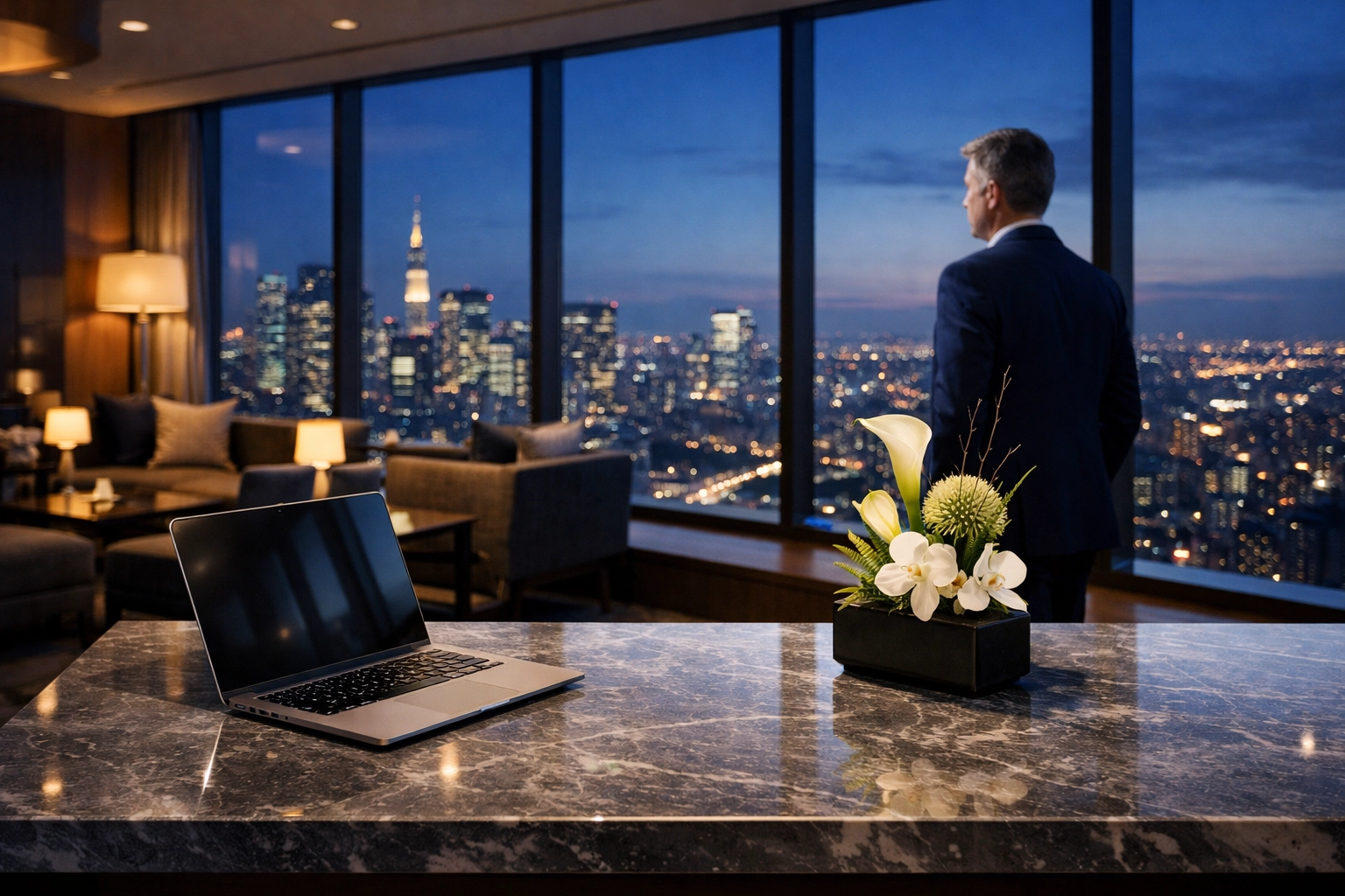 Executive silhouette in a 5-star luxury hotel lounge, highlighting high-stakes corporate travel management.