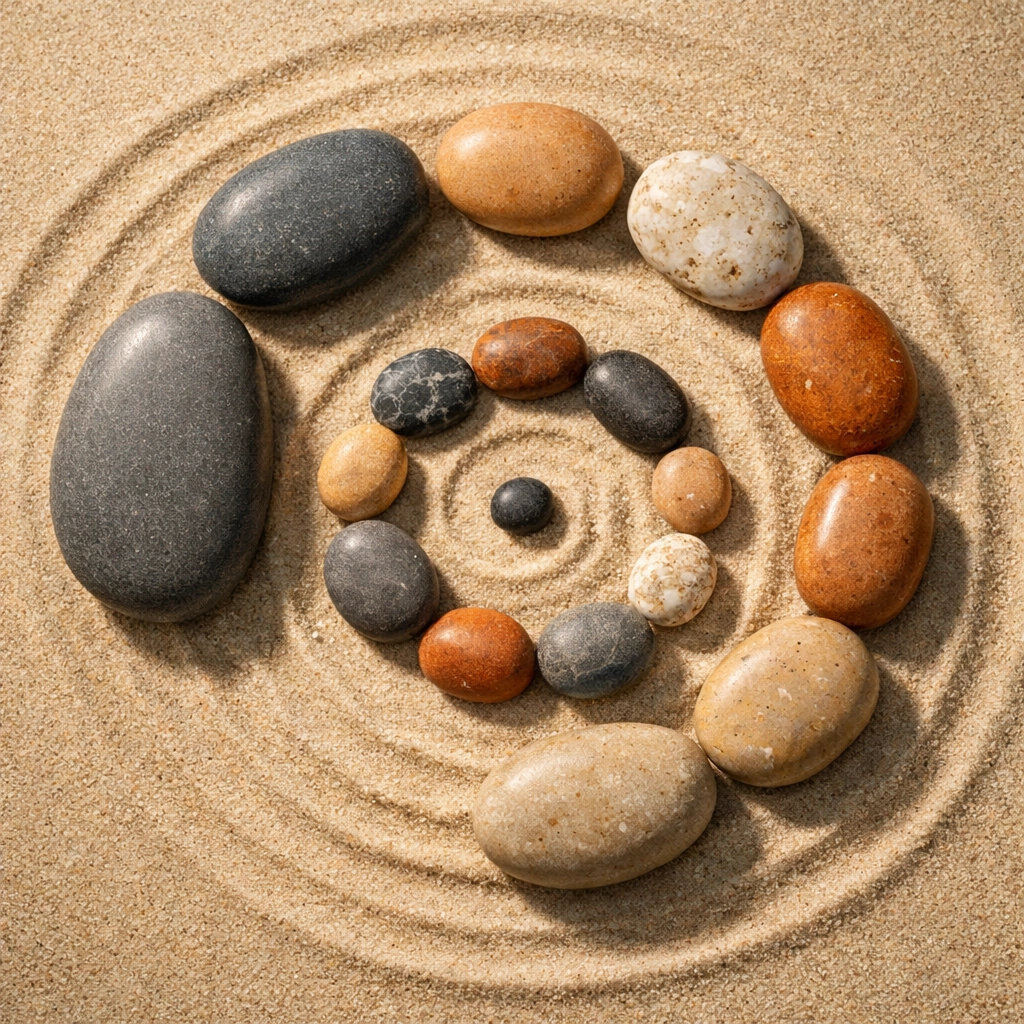 River stones in a spiral representing the twelve areas of core wounds and vulnerabilities in the Chiron Effect.