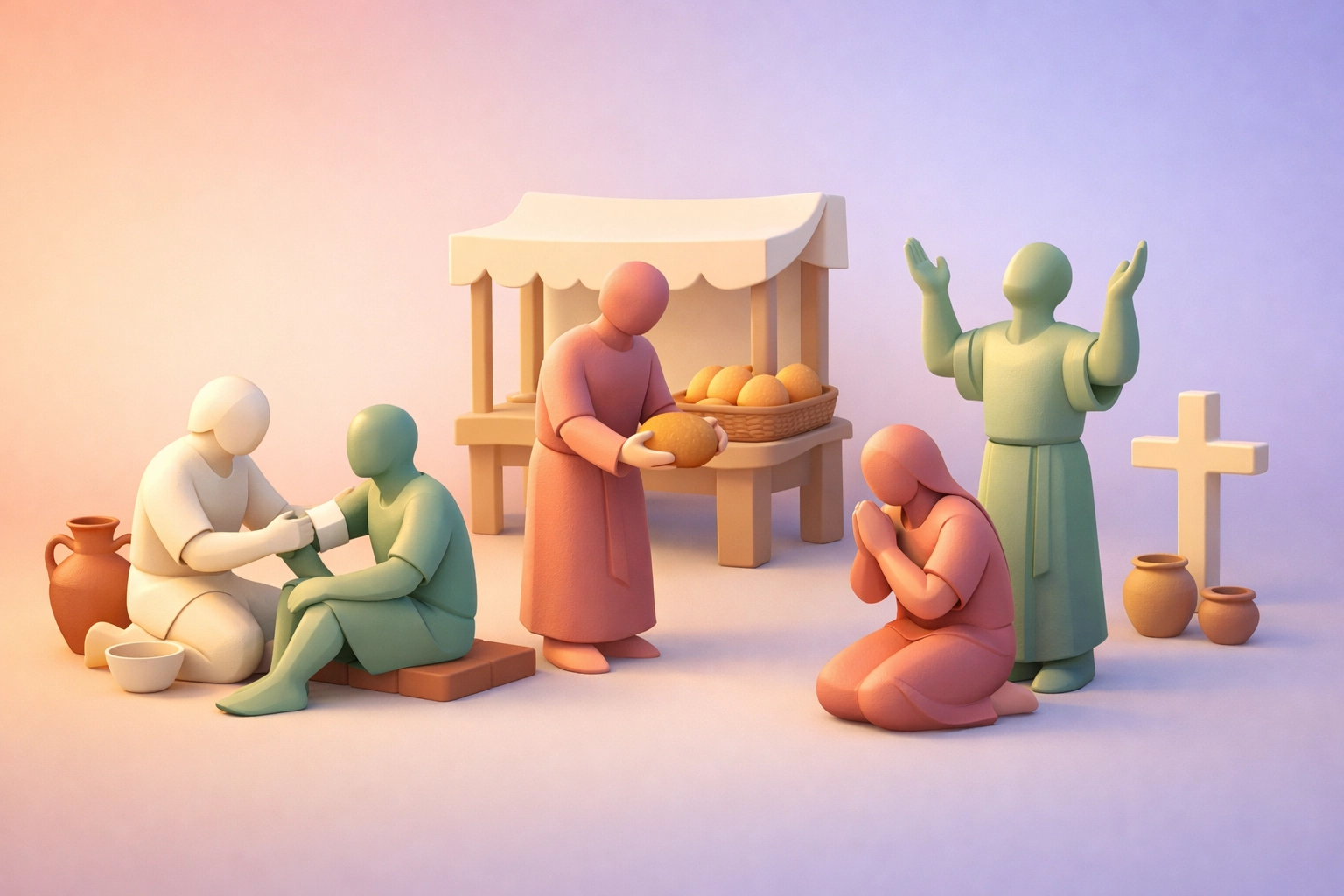 Early Christians caring for sick and sharing bread in ancient marketplace demonstrating healing ministry