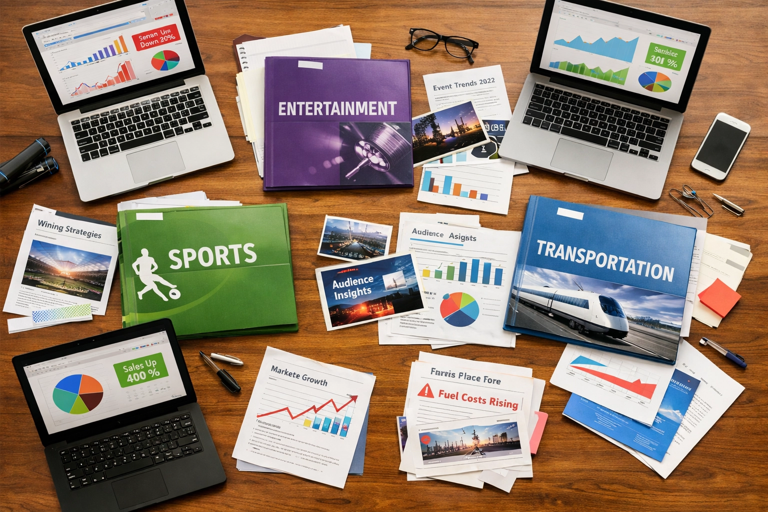 Disconnected marketing materials showing fragmented sports, entertainment, and transportation campaign silos
