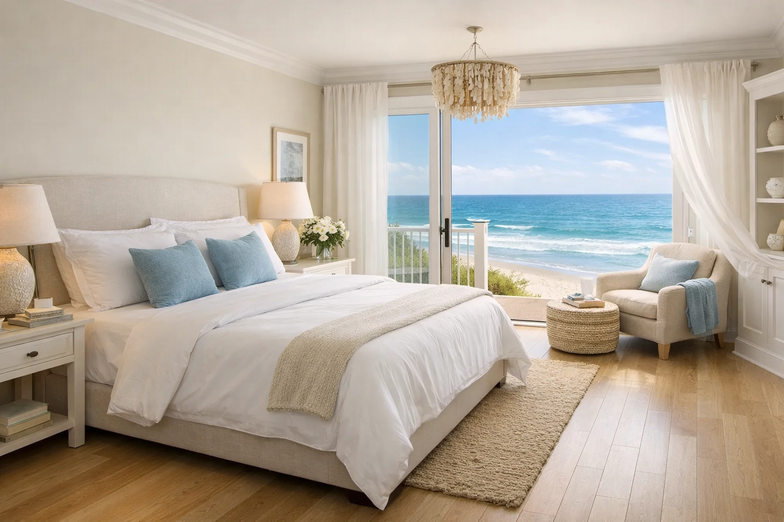 Master bedroom suite with ocean views in Bolivar Peninsula luxury beach house