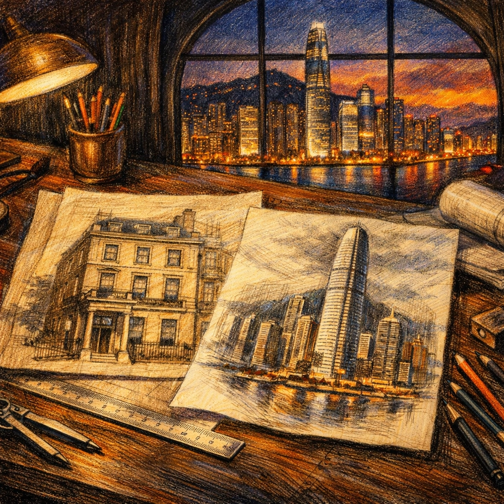 Architectural sketches of London and Hong Kong projects in André Fu's design studio workspace.