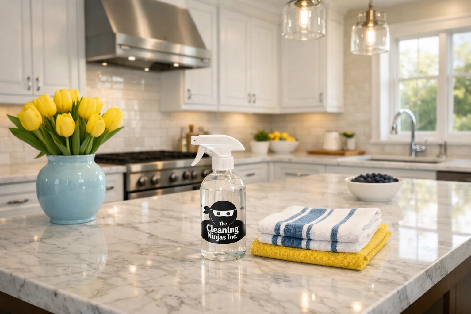 A grease-free luxury kitchen with marble counters after The Cleaning Ninjas bi weekly house cleaning.