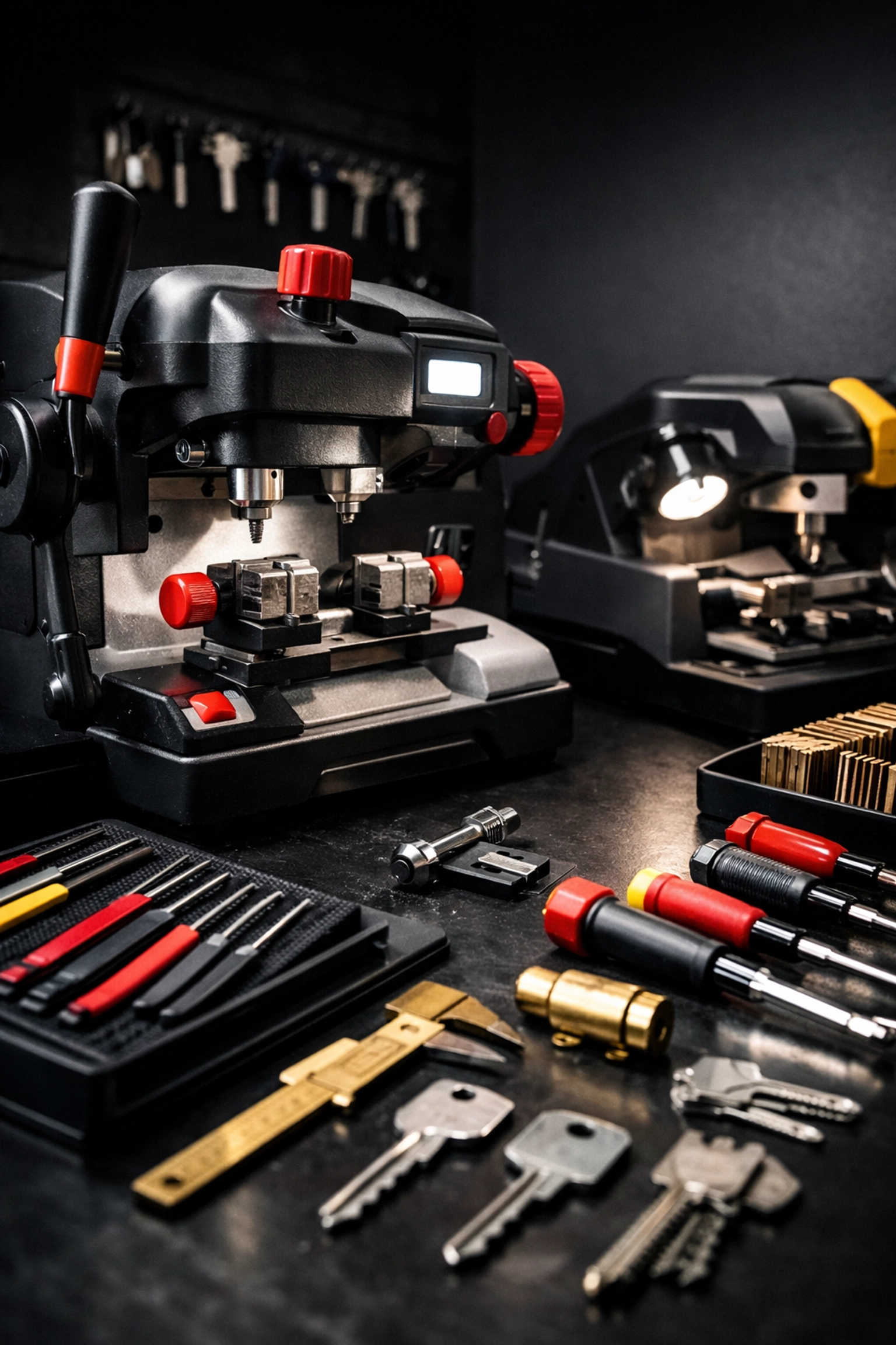 Precision key duplication machinery at the Key Boss Locksmith shop on West 86th Street.