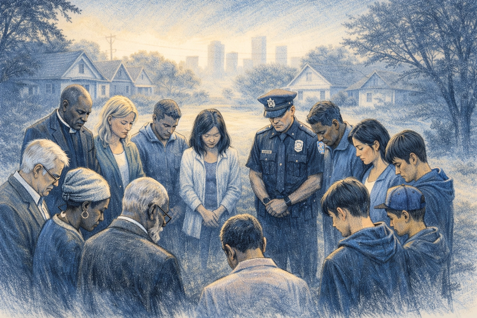 Diverse Memphis church community praying together in neighborhood to address crime and spiritual transformation