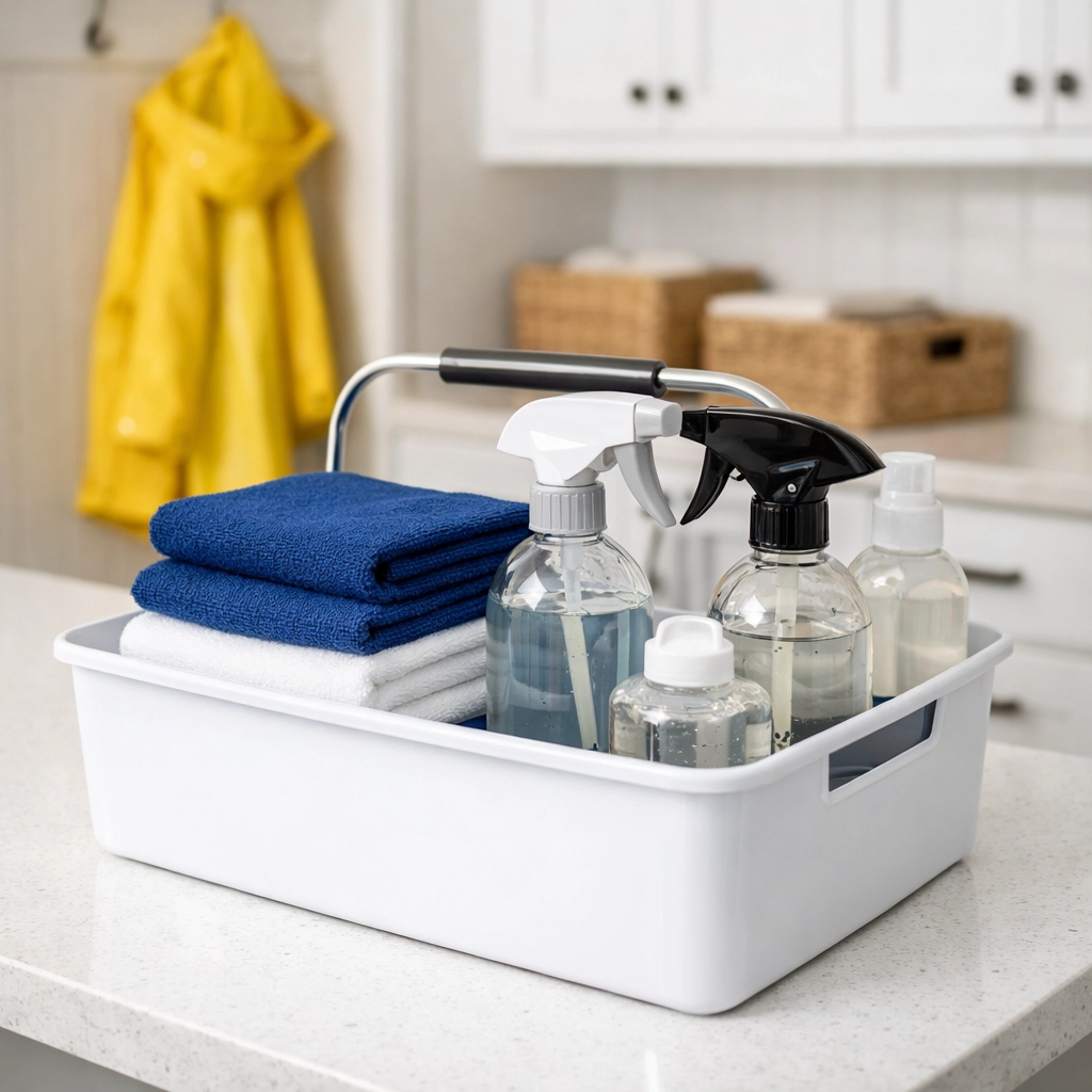 Professional eco-friendly move-in/move-out cleaning services kit on a pristine kitchen counter.