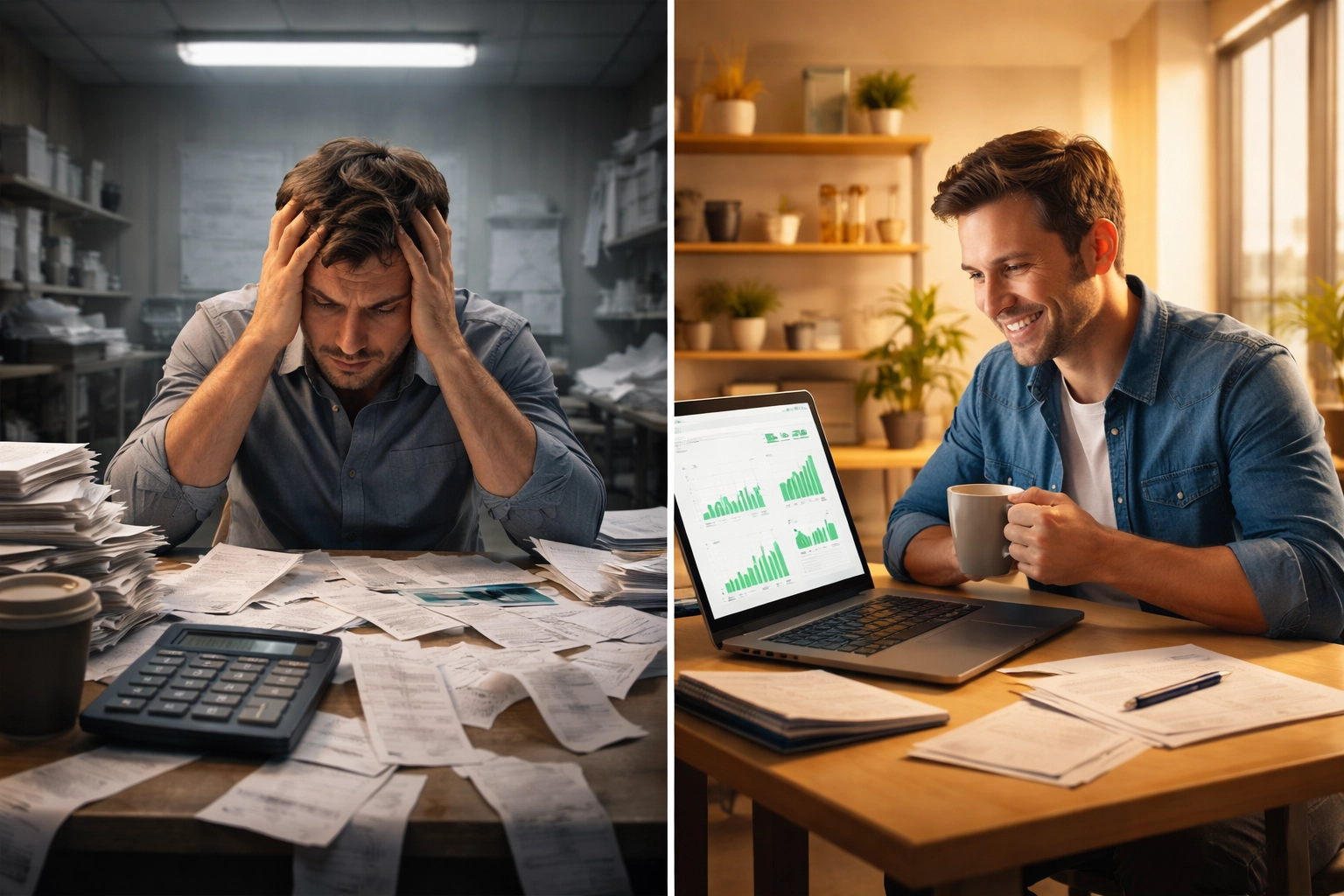 Comparison of overwhelmed business owner with paper receipts versus streamlined digital accounting, highlighting accounting efficiency with NFT receipts