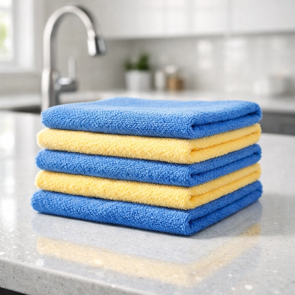 Professional maid services Worcester using clean microfiber cloths on a sparkling white kitchen island.
