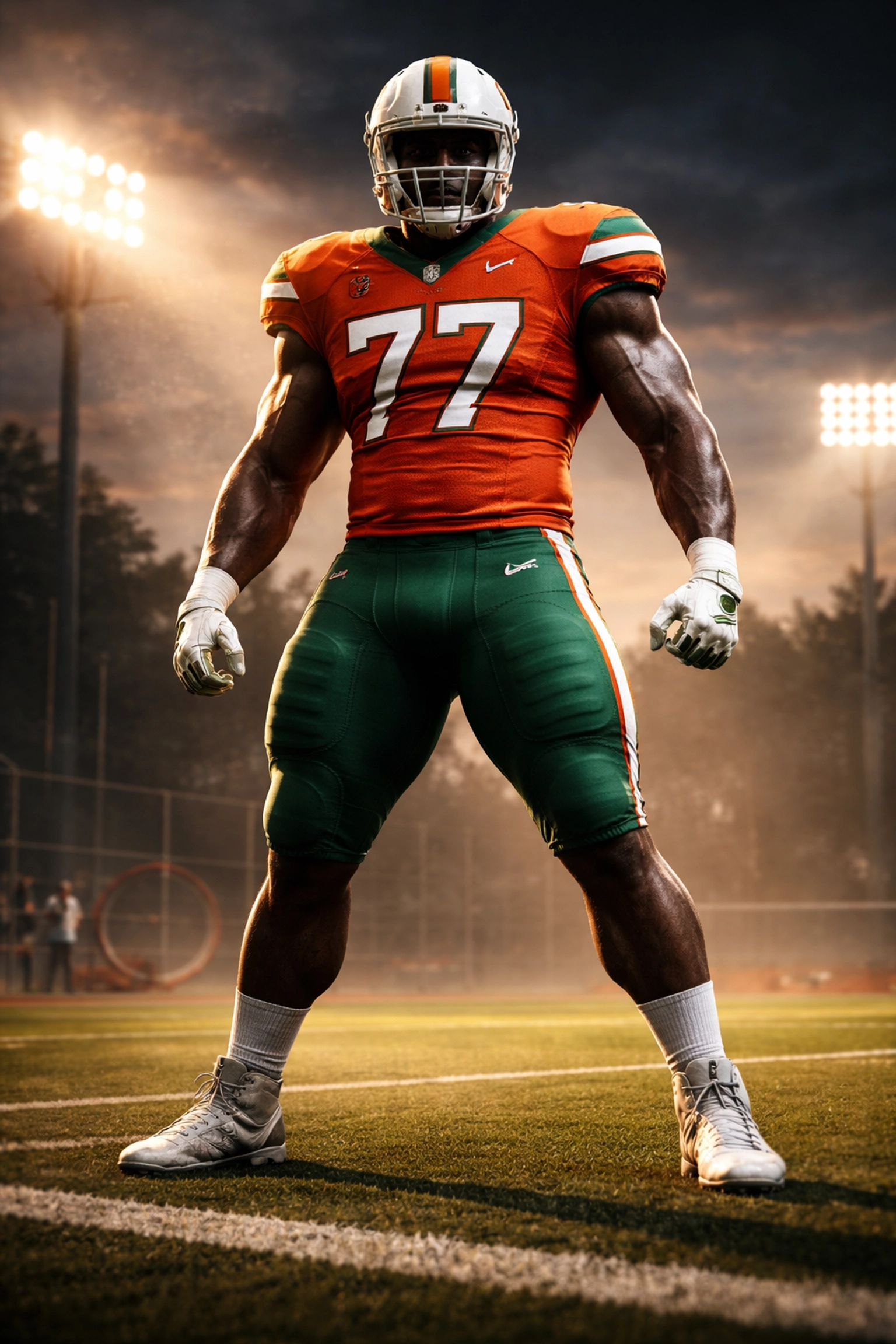 Miami Hurricanes offensive tackle Jackson Cantwell stands confidently on a football field at dusk, highlighting his size and track background.