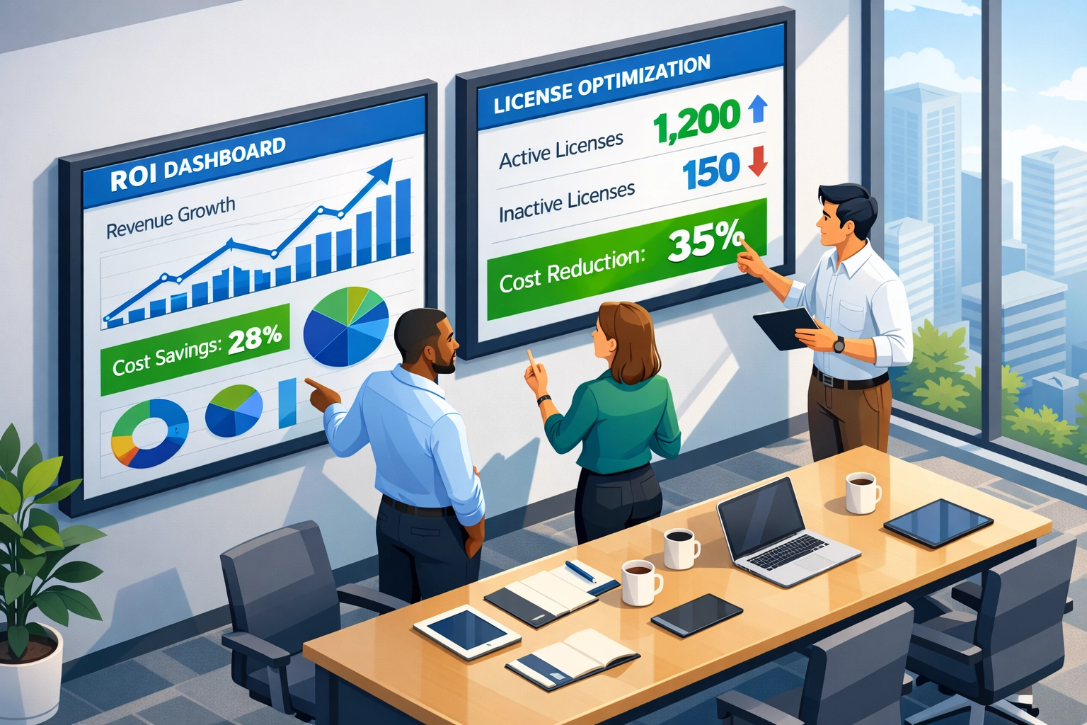 ServiceNow consulting team analyzing ROI dashboards and license optimization metrics