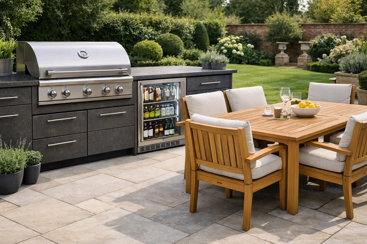 Premium outdoor kitchen appliances and teak dining furniture requiring specialist insurance