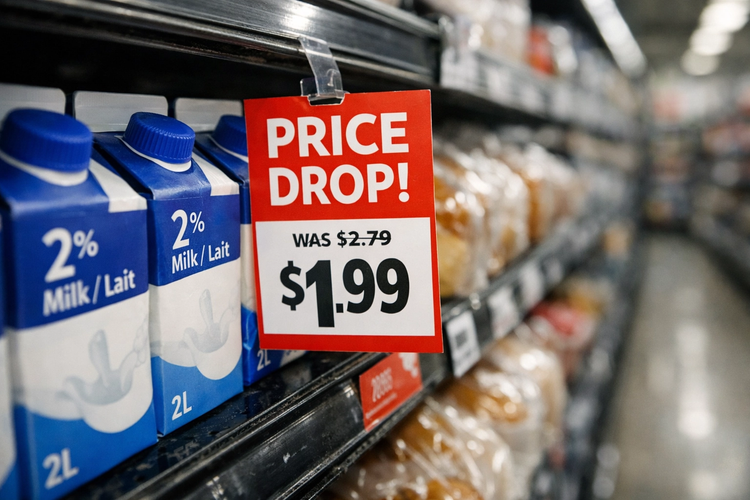 Close-up of a Canadian grocery shelf with essential goods, reflecting national inflation and economic trends.