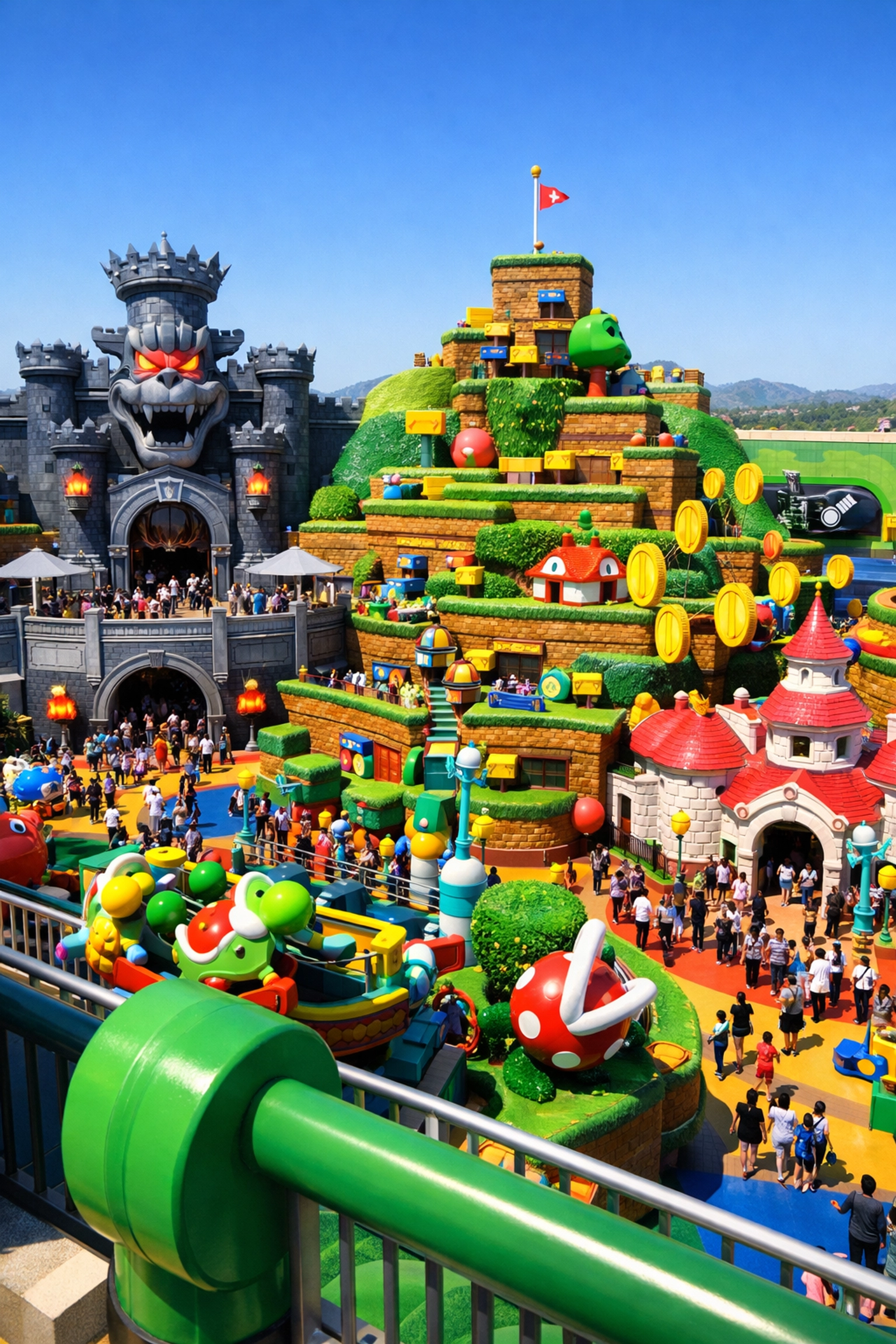 Bird's-eye view of Super Nintendo World, one of the best photography locations for colorful visuals.