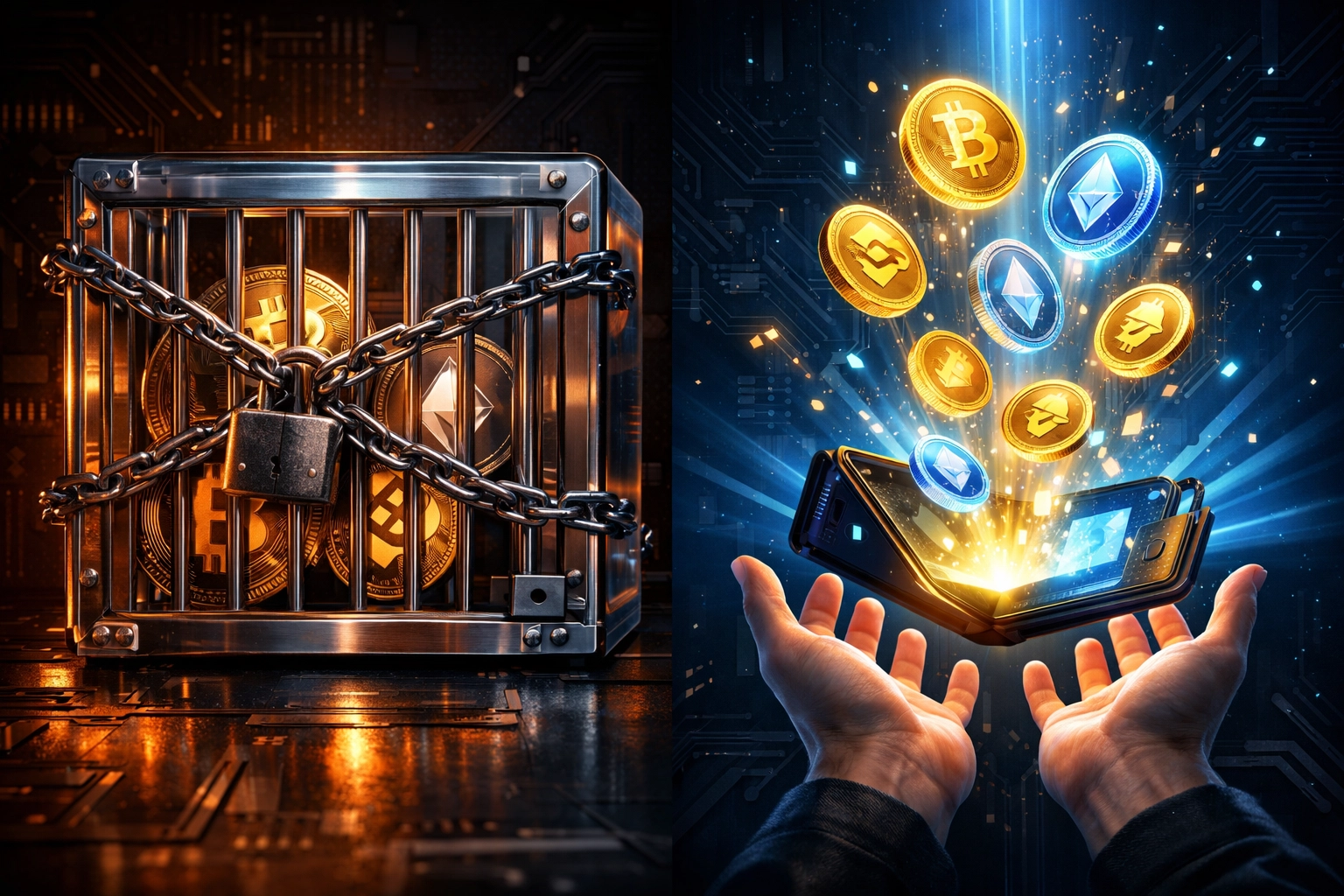 Custodial vs self-custody crypto wallets: locked vault versus open wallet showing merchant control